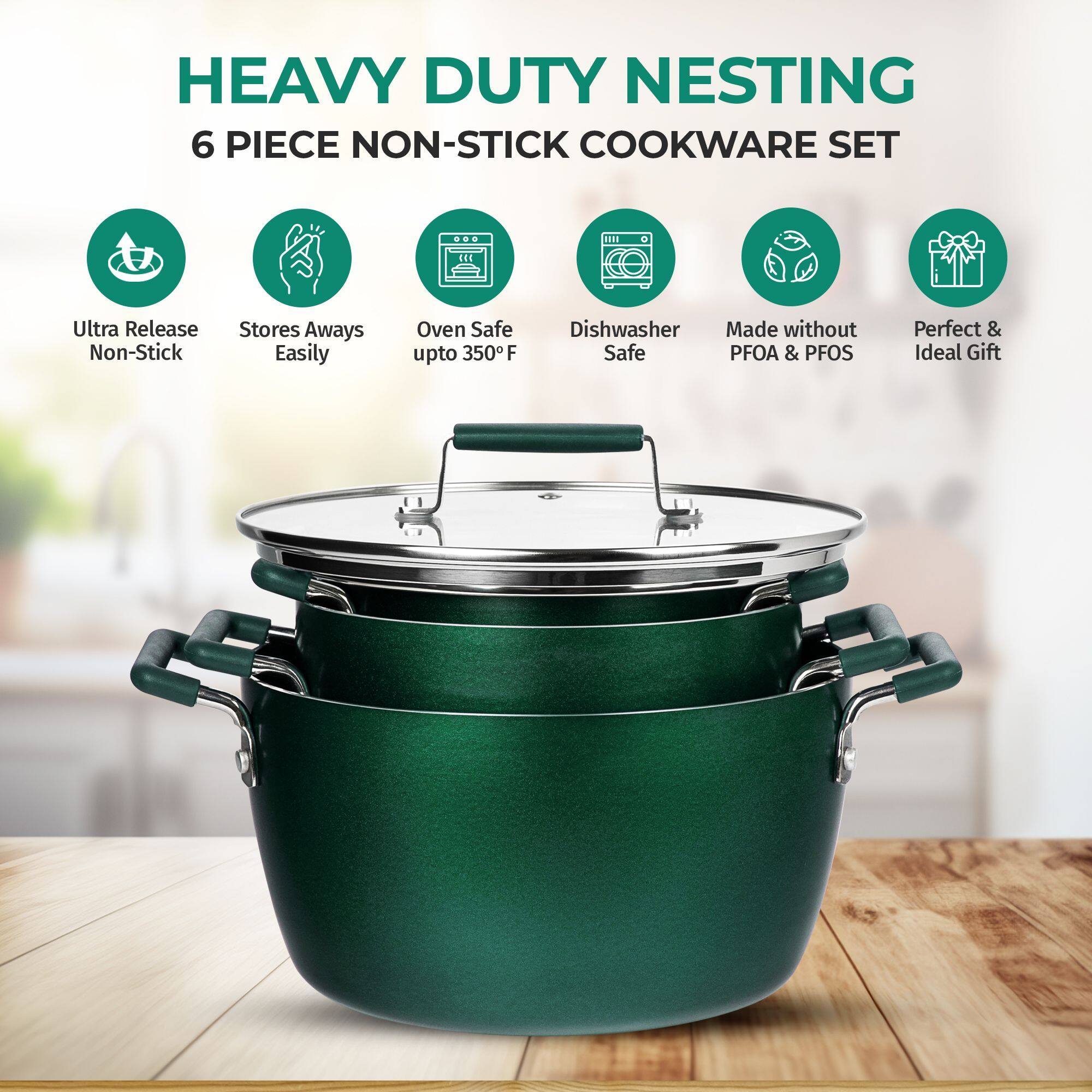 HEAVY DUTY NESTING 6 PIECE NON-STICK COOKWARE SET

14E Ultra Release Non-Stick
Stores Aways Easily
Oven Safe upto 350F
Dishwasher Safe
Made without PFOA & PFOS
Perfect & Ideal Gift