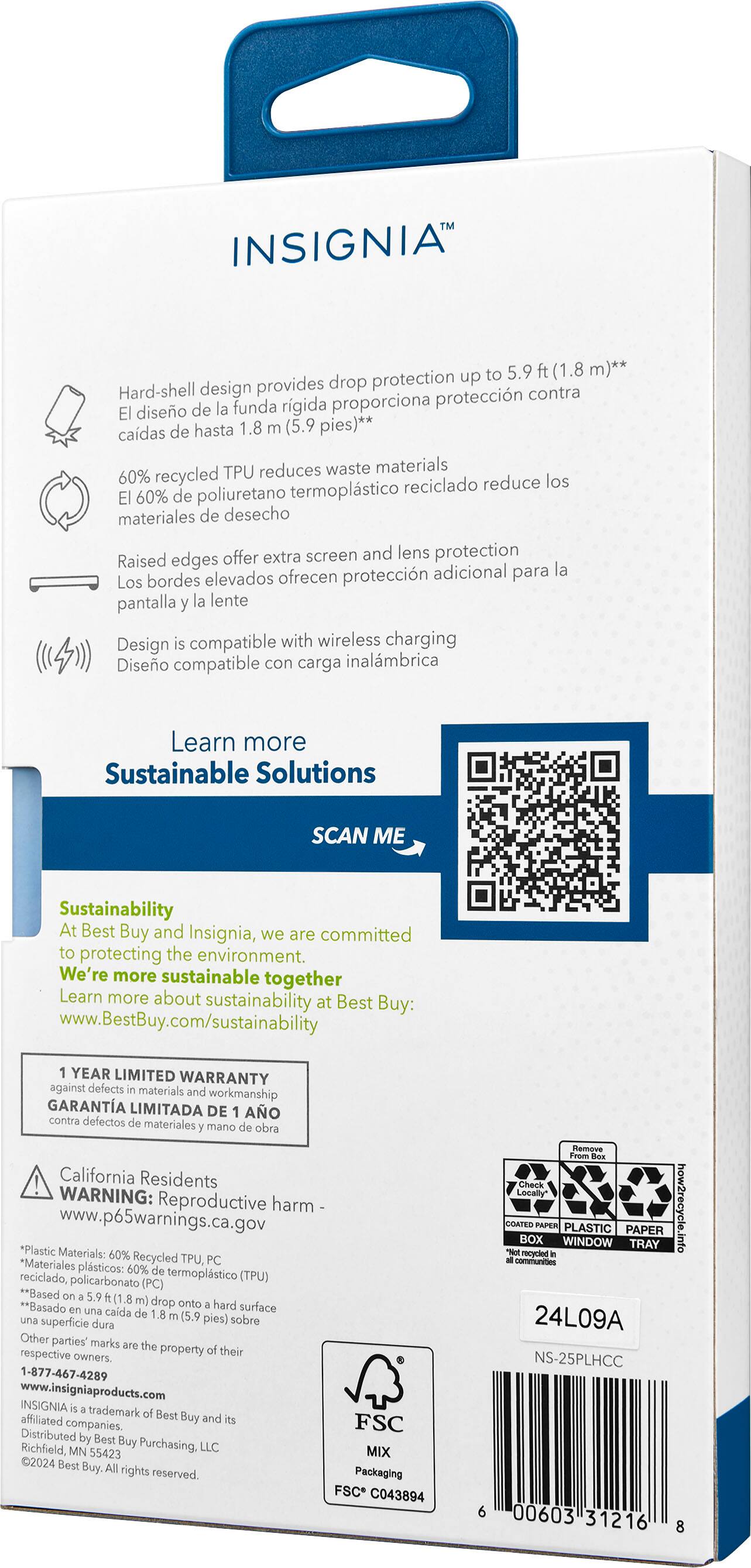 INSIGNIA provides drop protection up to 5.9 ft (1.8 m)**. The hard-shell design protects against the rigid design of the case, which reduces waste materials. The TPU material used in the case is 60% recycled, reducing the amount of waste materials. The raised edges of the case offer extra screen and lens protection. The design is compatible with wireless charging, making it a convenient choice for users. The case is part of Sustainable Solutions, and by scanning the QR code, users can learn more about sustainability at Best Buy and Insignia. The case comes with a limited warranty against defects in materials and workmanship. California residents are advised of potential reproductive harm by visiting the provided website.