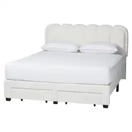 Baxton Studio - Caradonna Cream Teddy-Bear Fabric Bed with Storage Drawers - Fully Upholstered Platform Bed, Queen - Cream