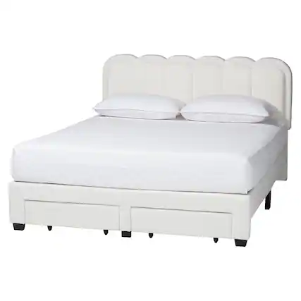 Front. Baxton Studio - Baxton Studio Caradonna Cream Teddy-Bear Fabric Bed with Storage Drawers - Fully Upholstered Platform Bed, Queen - Cream.