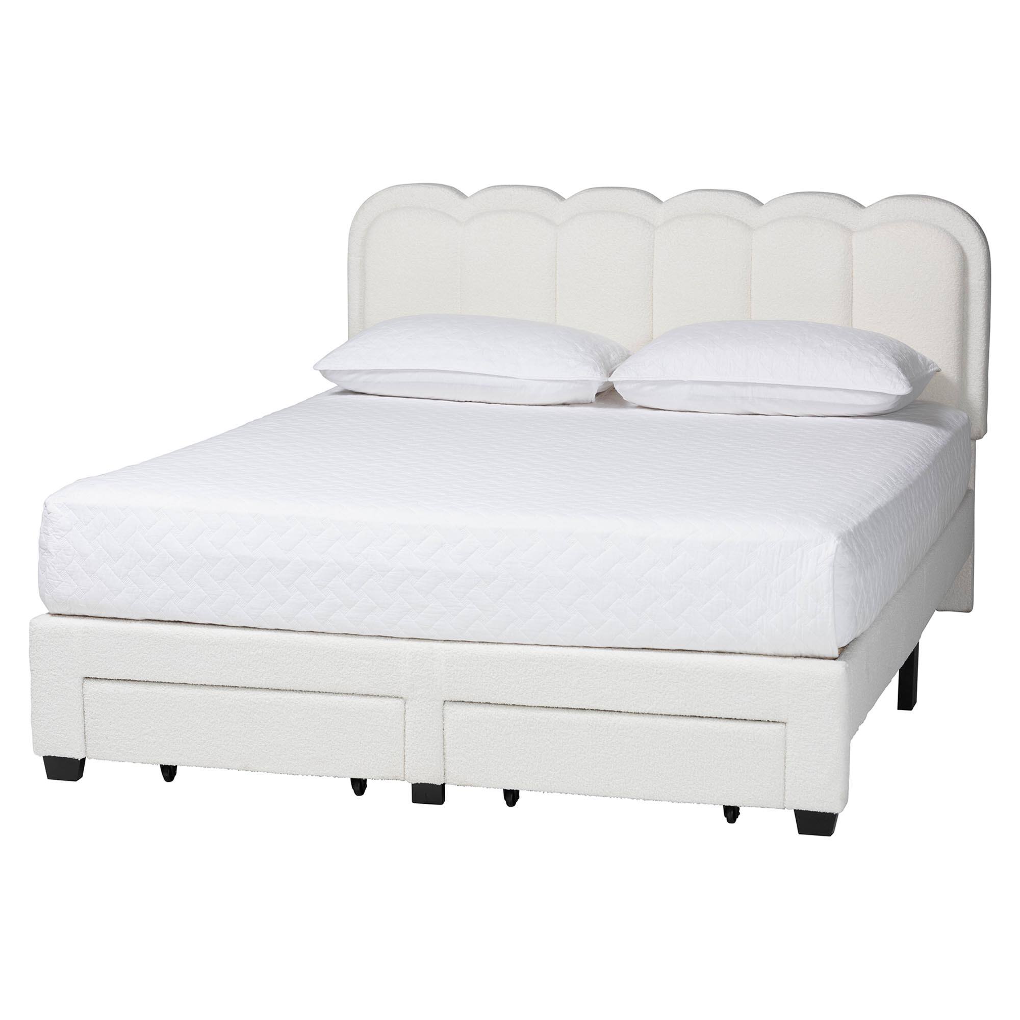 Front. Baxton Studio - Baxton Studio Caradonna Cream Teddy-Bear Fabric Bed with Storage Drawers - Fully Upholstered Platform Bed, Queen - Cream.