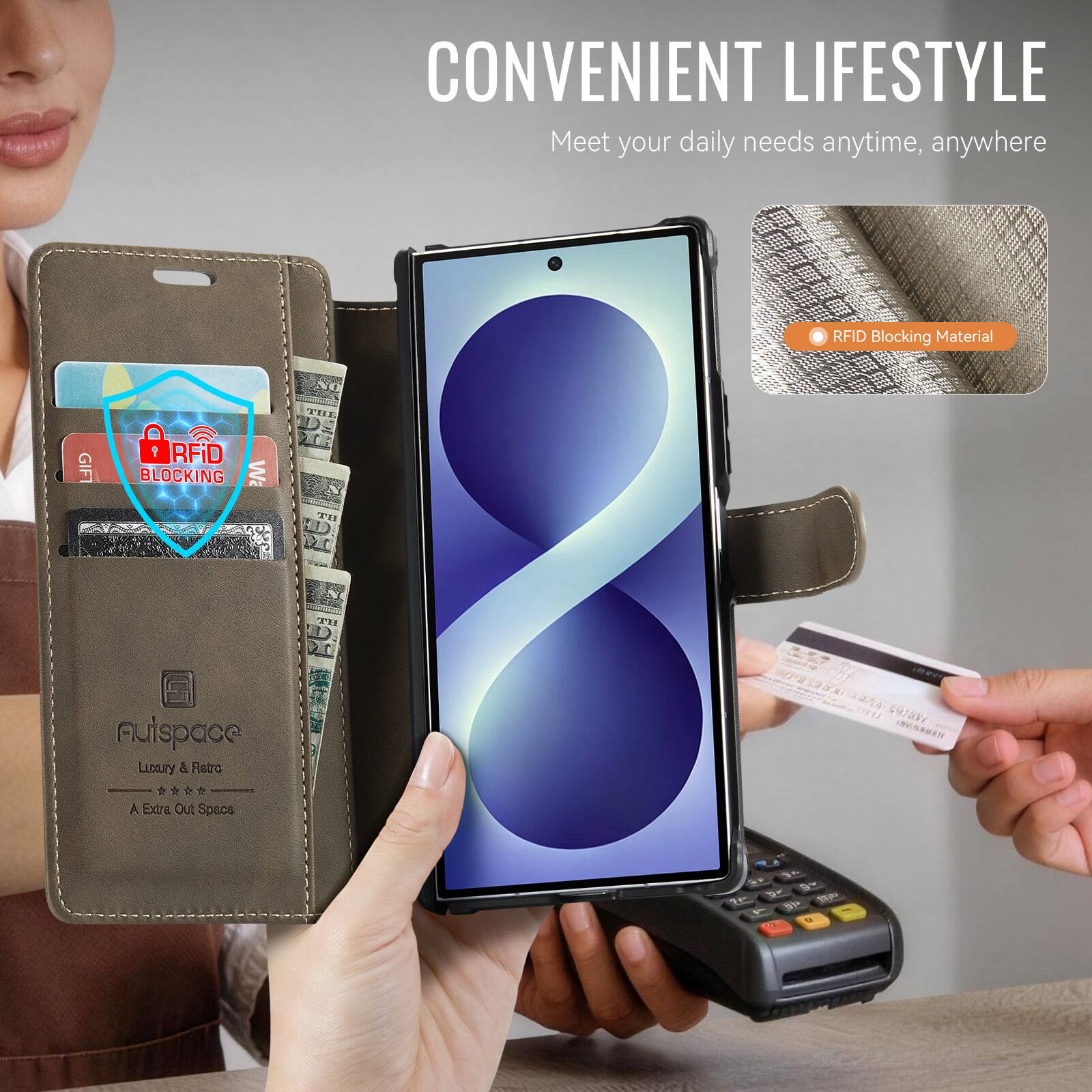 CONVENIENT LIFESTYLE  
Meet your daily needs anytime, anywhere

RFID Blocking Material

GIFT

RFID BLOCKING

Fulspace  
Luxury & Retro  
A Extra Out Space