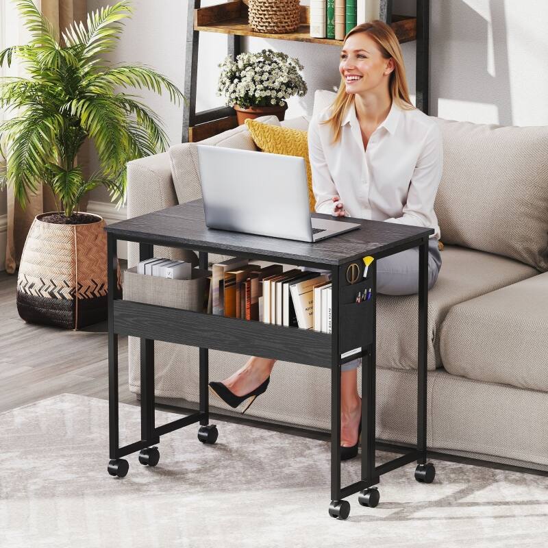 Back. Anysun - 31.5" Folding Computer Desk with Storage Bag, Shelf & Wheels, Space-Saving Mobile Desk for Home Office or Small Spaces - Black.