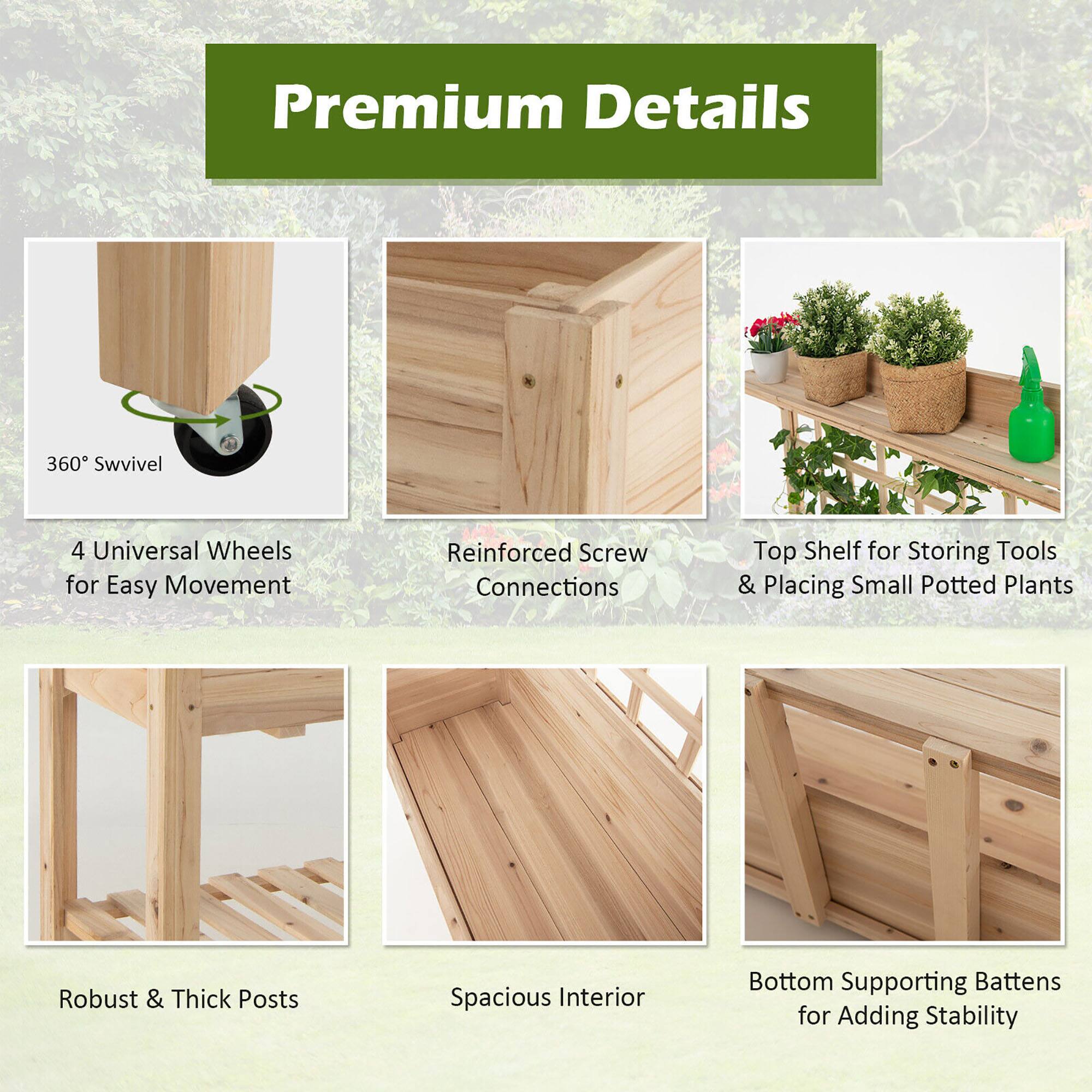 Premium Details

- 360° Swivel
- 4 Universal Wheels for Easy Movement
- Reinforced Screw Connections
- Top Shelf for Storing Tools & Placing Small Potted Plants
- Robust & Thick Posts
- Spacious Interior
- Bottom Supporting Battens for Adding Stability