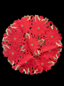 Jiallo - Poinsettia and Green Leaf Embroidered Cutwork Round Placemat, 23-Inch diameter Table Linen - Red