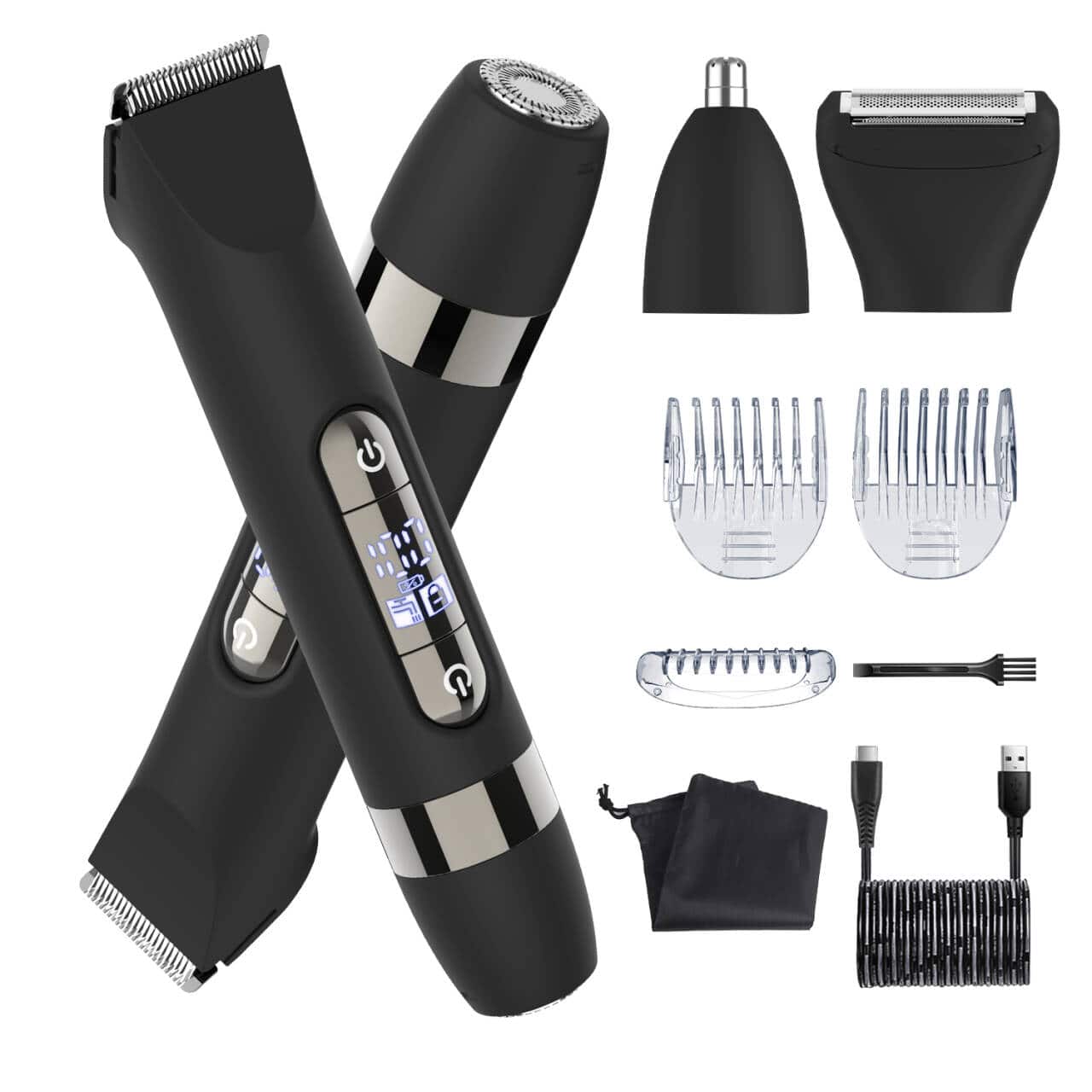 HATTEKER - 4-in-1 Men's Body Groomer, Dual-Head Shaver, IPX7 Waterproof, USB-C Rechargeable, LED Display - Black