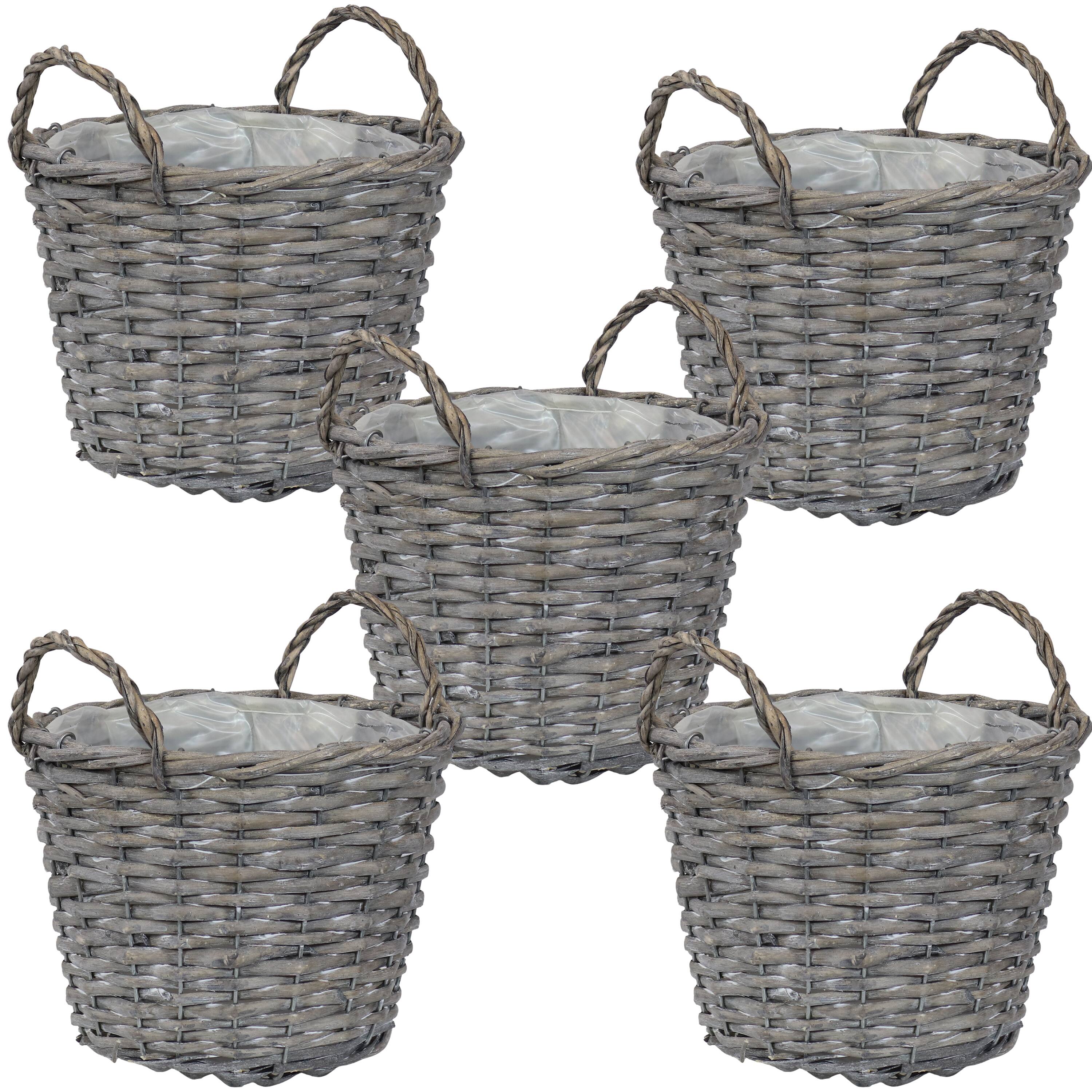 Front. Sunnydaze - 8 in Rattan Wicker Basket Planters with Handles/Lining - Set of 5 - Grey.