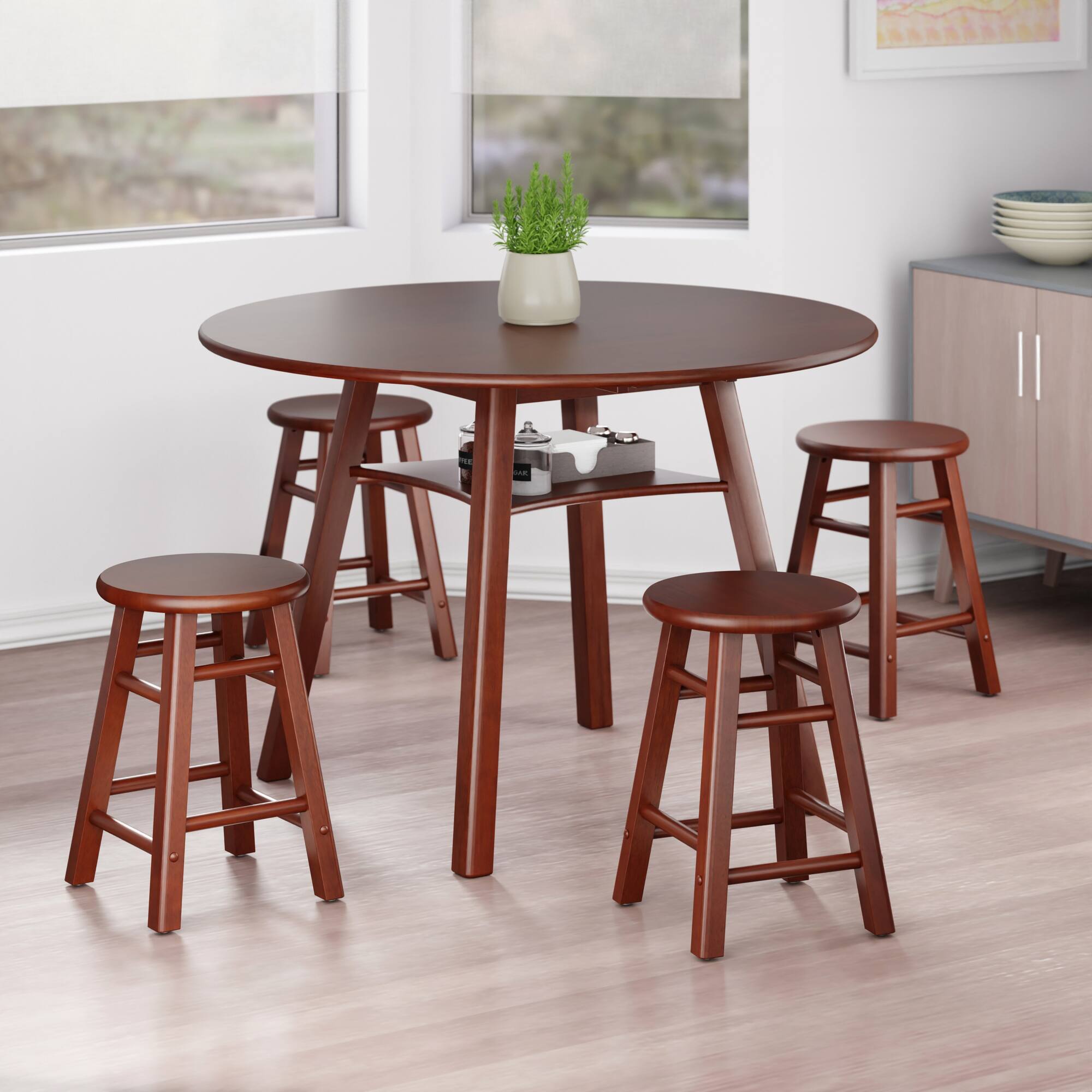 Alt View 8. Winsome Wood - Marbelle Table 5-Pc Drop Leaf Dining Table with 4 Element 18” Dining Stools - Walnut.