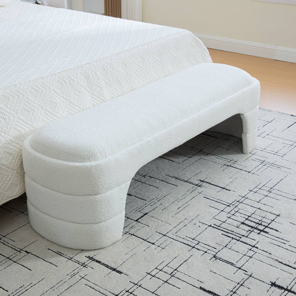 Back. Ropilly - Ropilly 65 Inch White Boucle End of Bed Bench, Modern Armless Upholstered Ottoman Footstool for Entryway and Bedroom - White.
