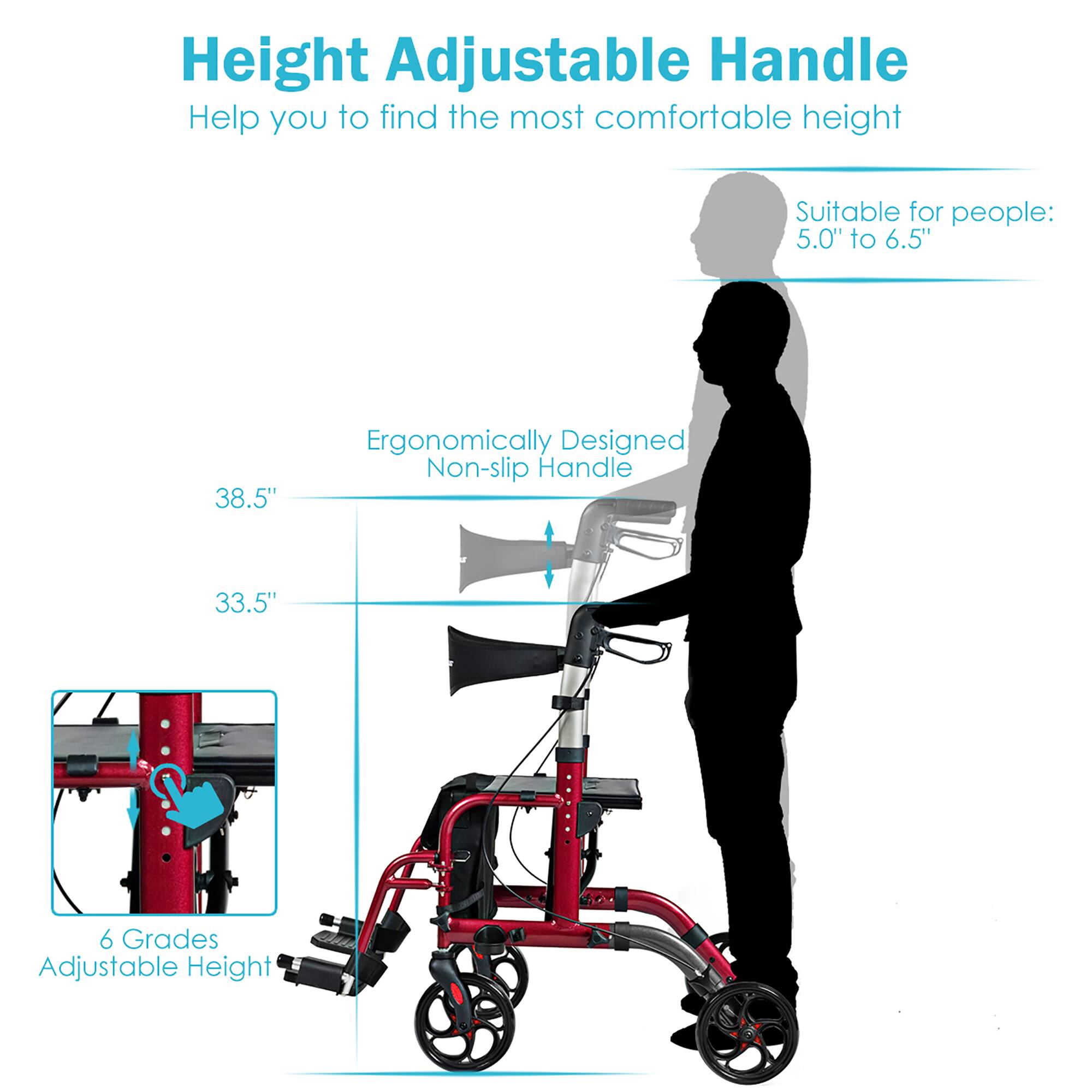 Height Adjustable Handle
Help you to find the most comfortable height
Suitable for people: 5.0" to 6.5"
Ergonomically Designed Non-slip Handle
33.5"
6 Grades Adjustable Height