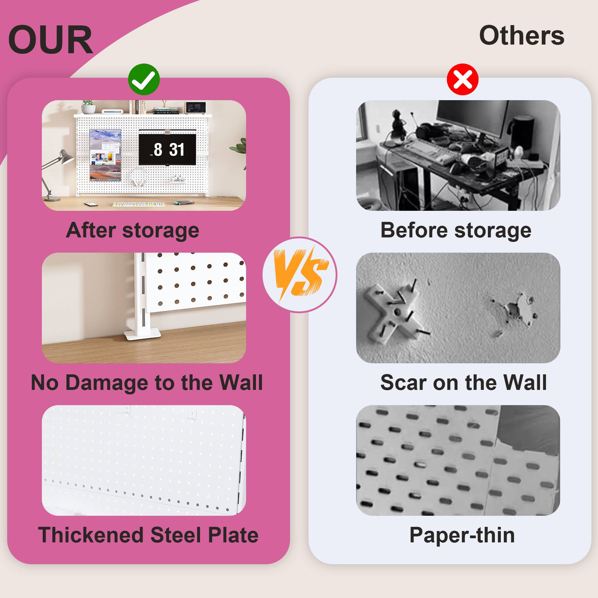 OUR

After storage

No Damage to the Wall

Thickened Steel Plate

Others

Before storage

Scar on the Wall

Paper-thin
