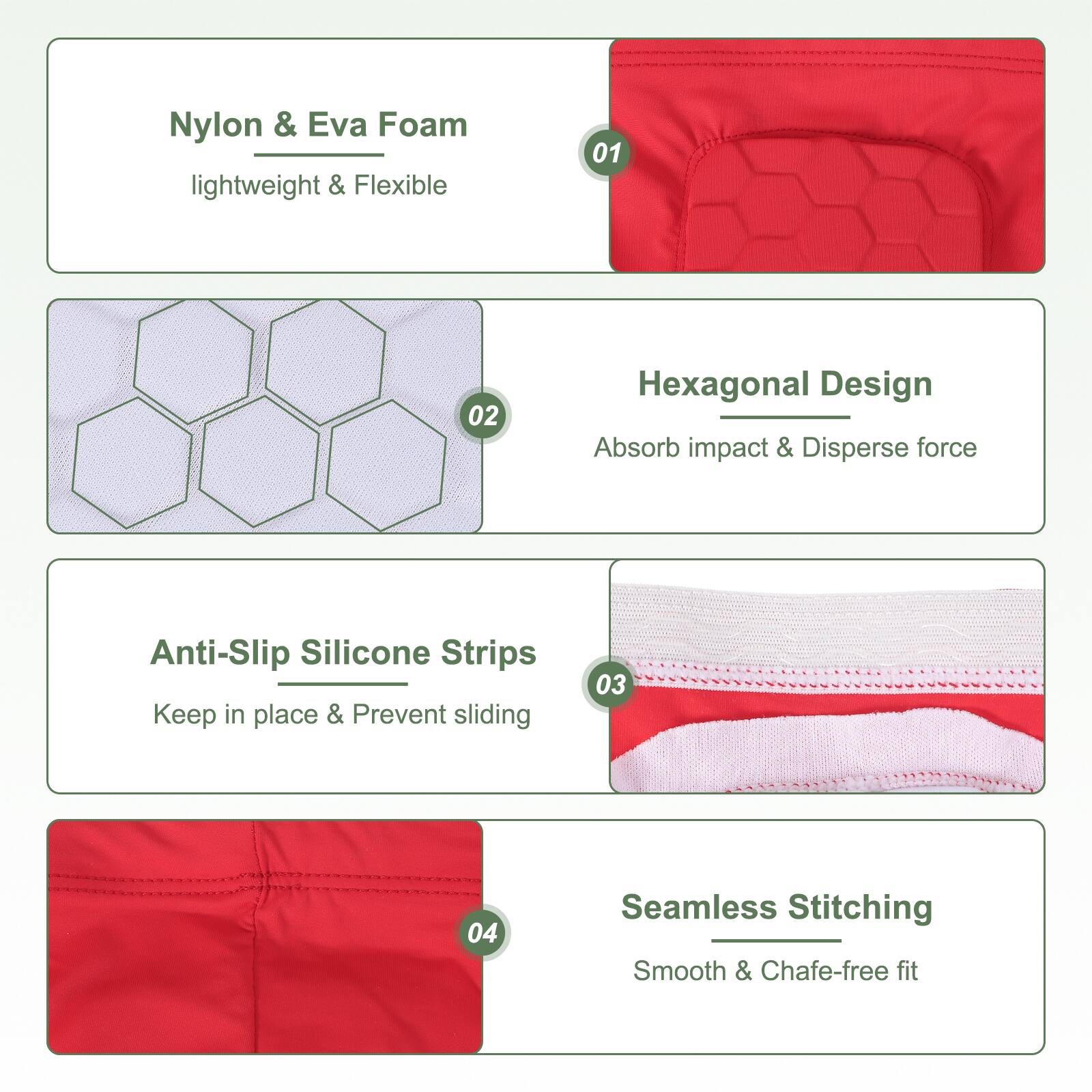 Nylon & Eva Foam lightweight & Flexible

Hexagonal Design
Absorb impact & Disperse force

Anti-Slip Silicone Strips
Keep in place & Prevent sliding

Seamless Stitching
Smooth & Chafe-free fit