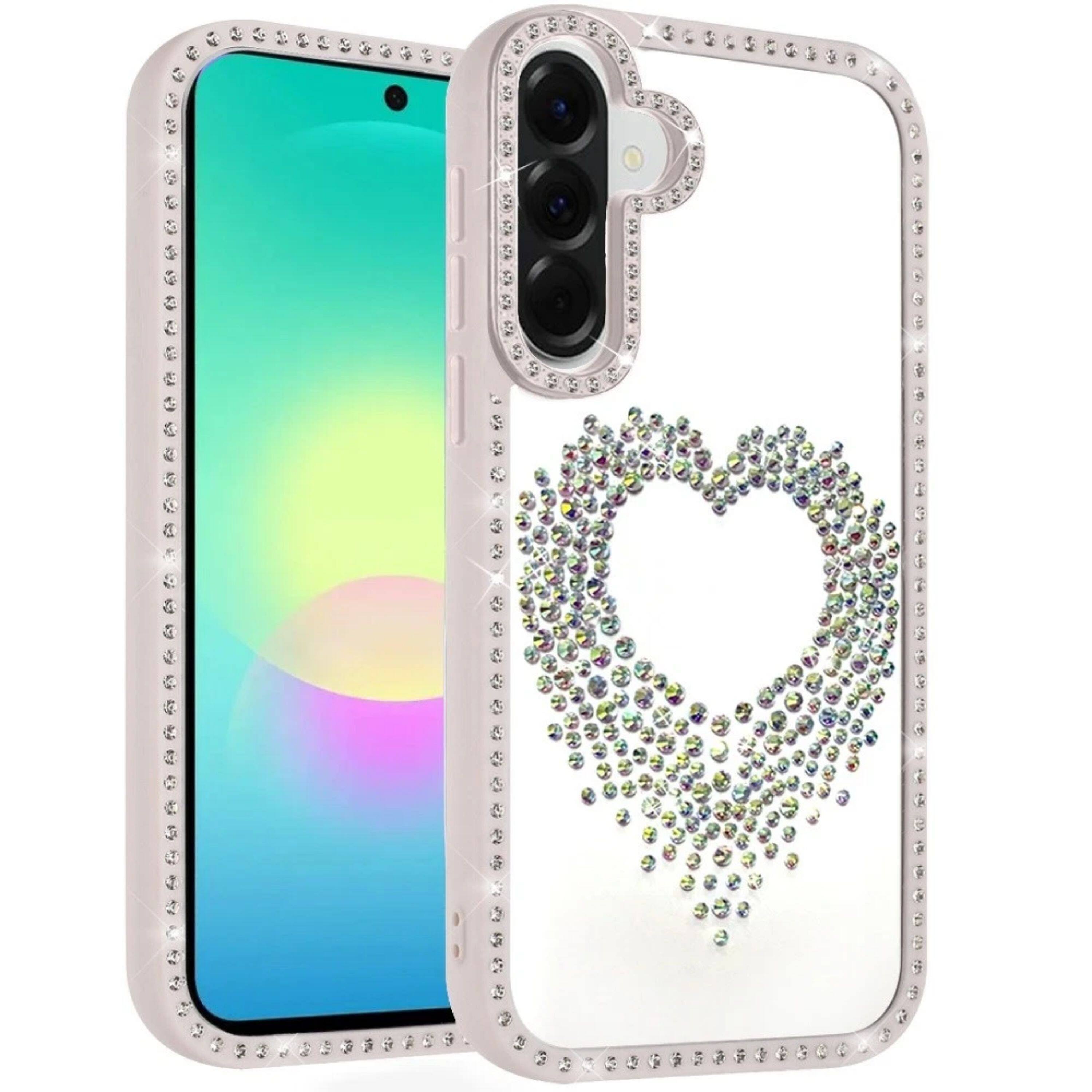 Front. Kitcheniva - Sparkle Heart Rhinestone Protective Case With Tempered Glass For Samsung A27 Beige - Beige.