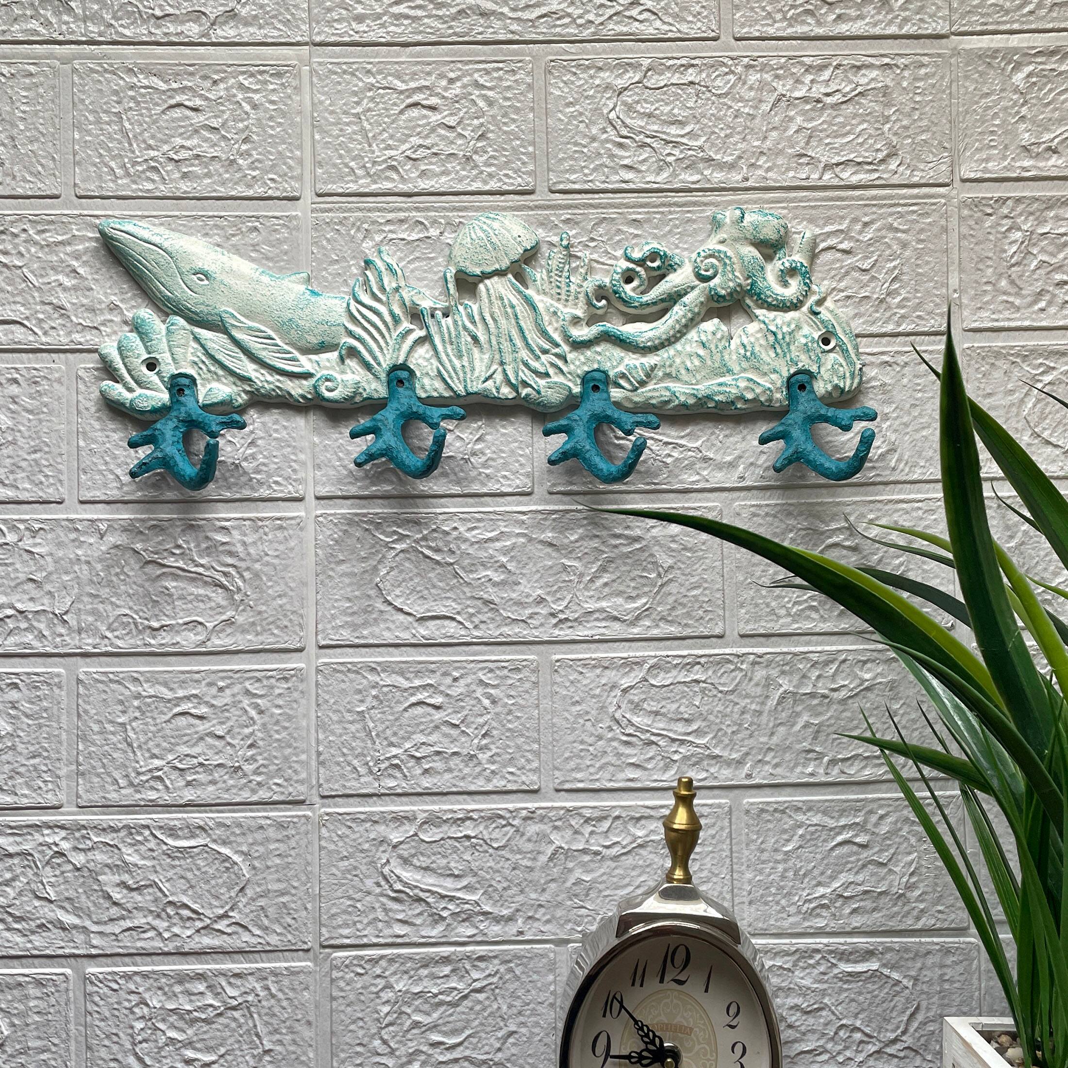 Alt View 3. Zeckos - Cast Iron Sealife Plaque with Coral Hooks - Coastal Wall Decor - Blue.