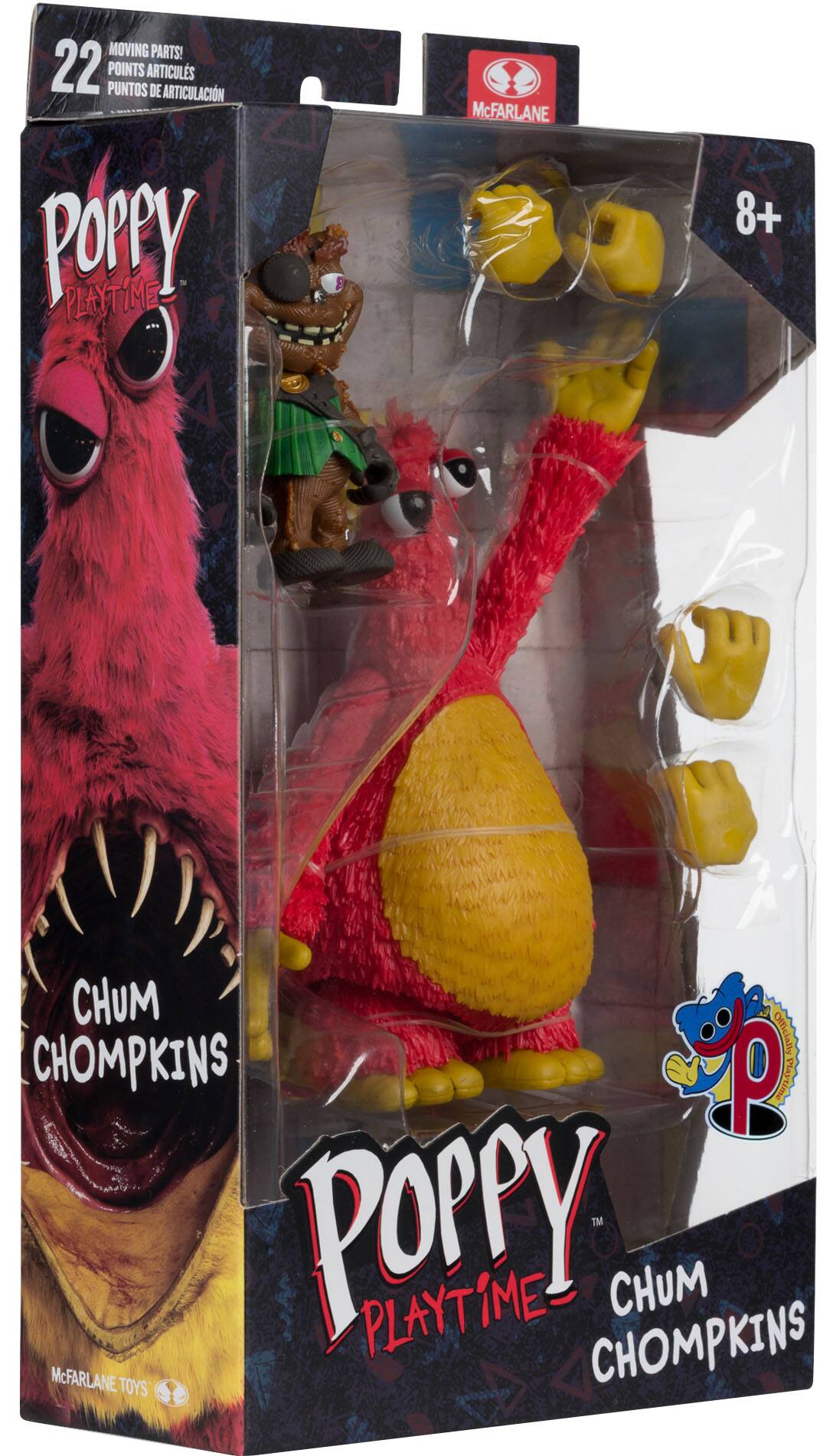 MOVING PARTS! 22 POINTS PUNTOS DE ARTICULACIÓN  
Poppy PLAYTIME  
McFARLANE  
8+  
CHUM Officially CHOMP KINS P TM  
Poppy PLAYTIME_ CHOMP KINS CHUM McFARLANE TOYS