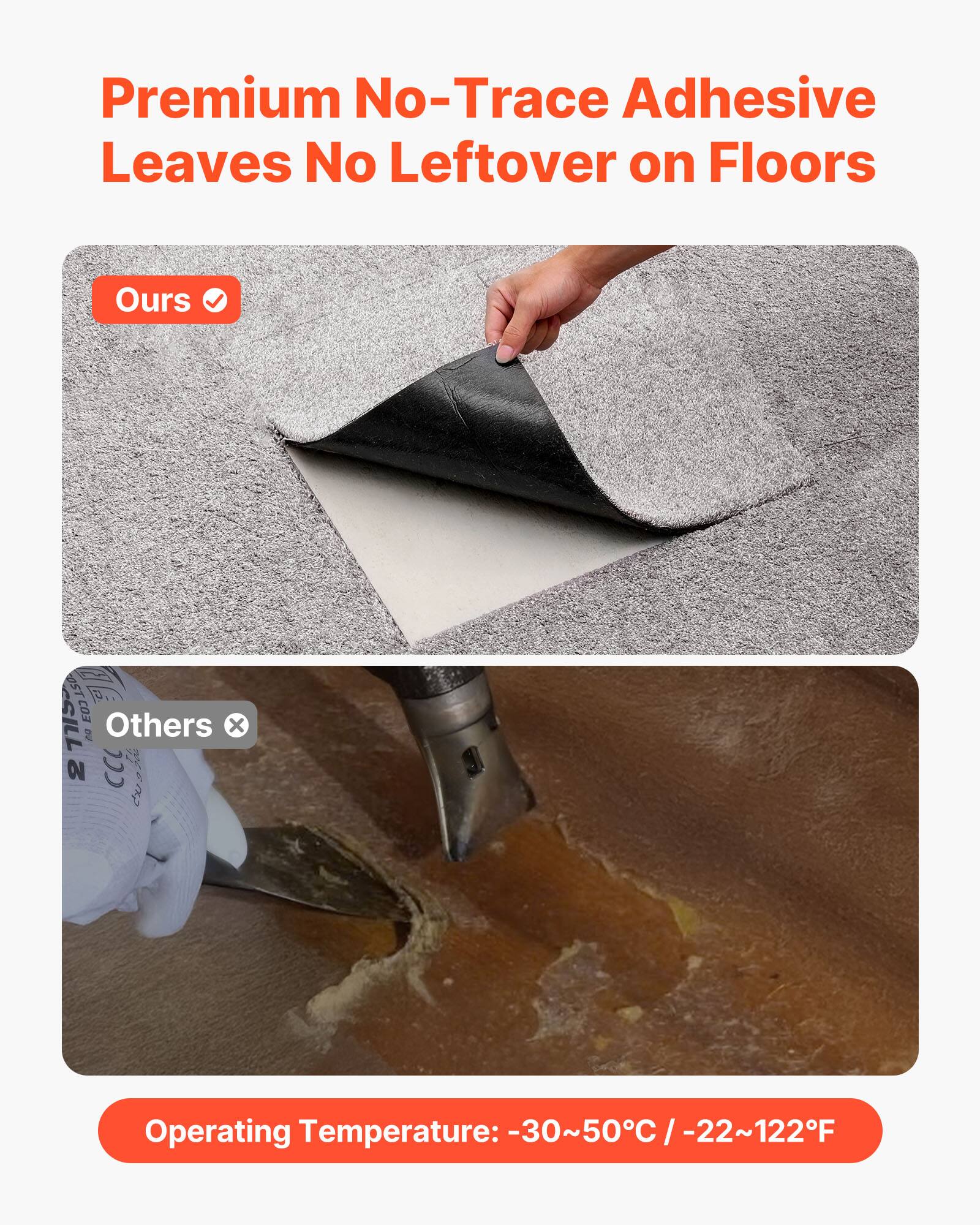 Premium No-Trace Adhesive Leaves No Leftover on Floors

Ours ✔️

Others ❌

Operating Temperature: -30~50°C / -22~122°F