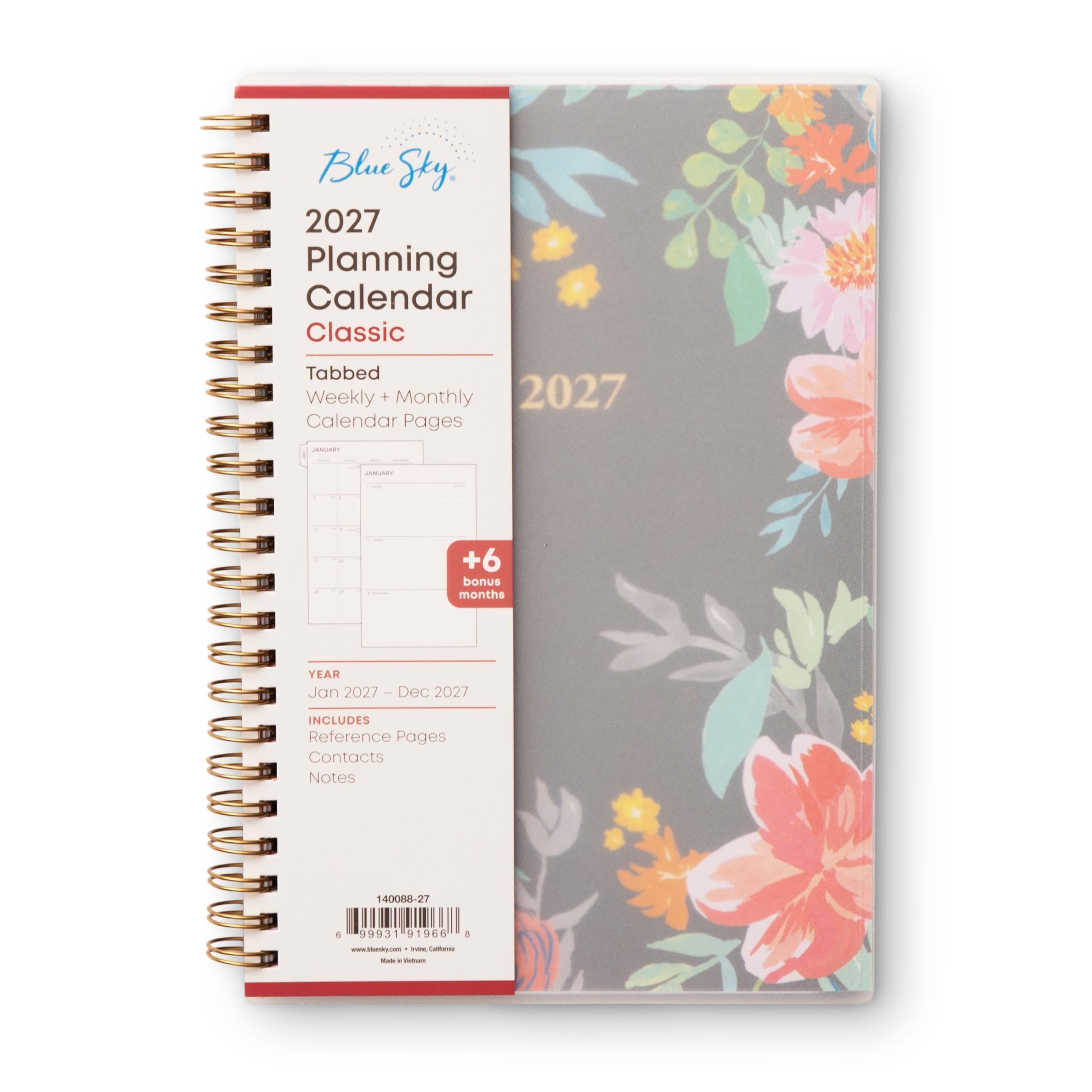Blue Sky. 2027 Planning Calendar Classic  
Tabbed Weekly + Monthly 2027 Calendar Pages  
+6 bonus months  
YEAR Jan 2027 - Dec 2027  
INCLUDES Reference Pages Contacts Notes  
140088-27  
99931 91966  
www.Masesky.com  
RIVEN California Kings