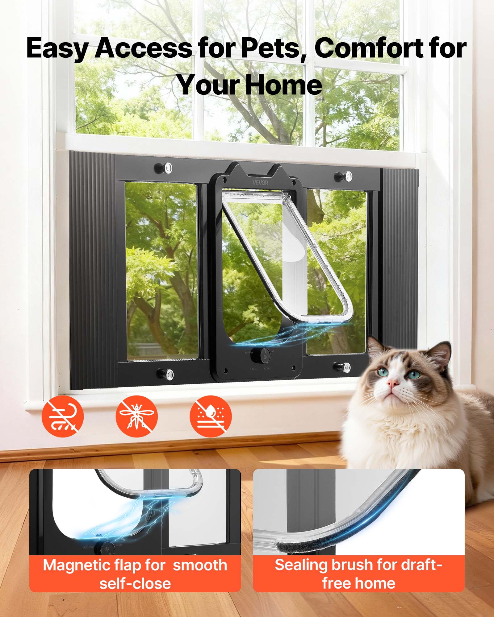 Easy Access for Pets, Comfort for Your Home

VEVOR Magnetic flap for smooth self-close

Sealing brush for draft-free home