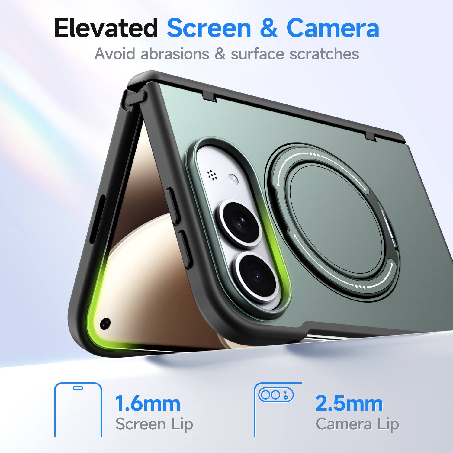 Elevated Screen & Camera  
Avoid abrasions & surface scratches  

1.6mm Screen Lip  
2.5mm Camera Lip