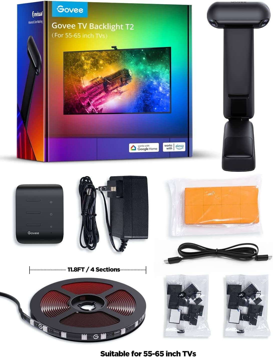 Govee TV Backlight T2 (For 55-65 inch TVs) works with Google Home and Alexa. Govee 11.8FT / 4 Sections. Suitable for 55-65 inch TVs.
