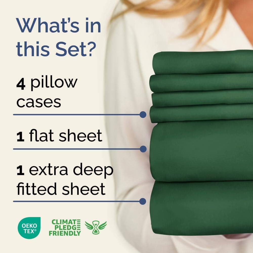 What's in this Set?

4 pillow cases

1 flat sheet

1 extra deep fitted sheet

CLIMATE PLEDGE FRIENDLY

OEKO TEX