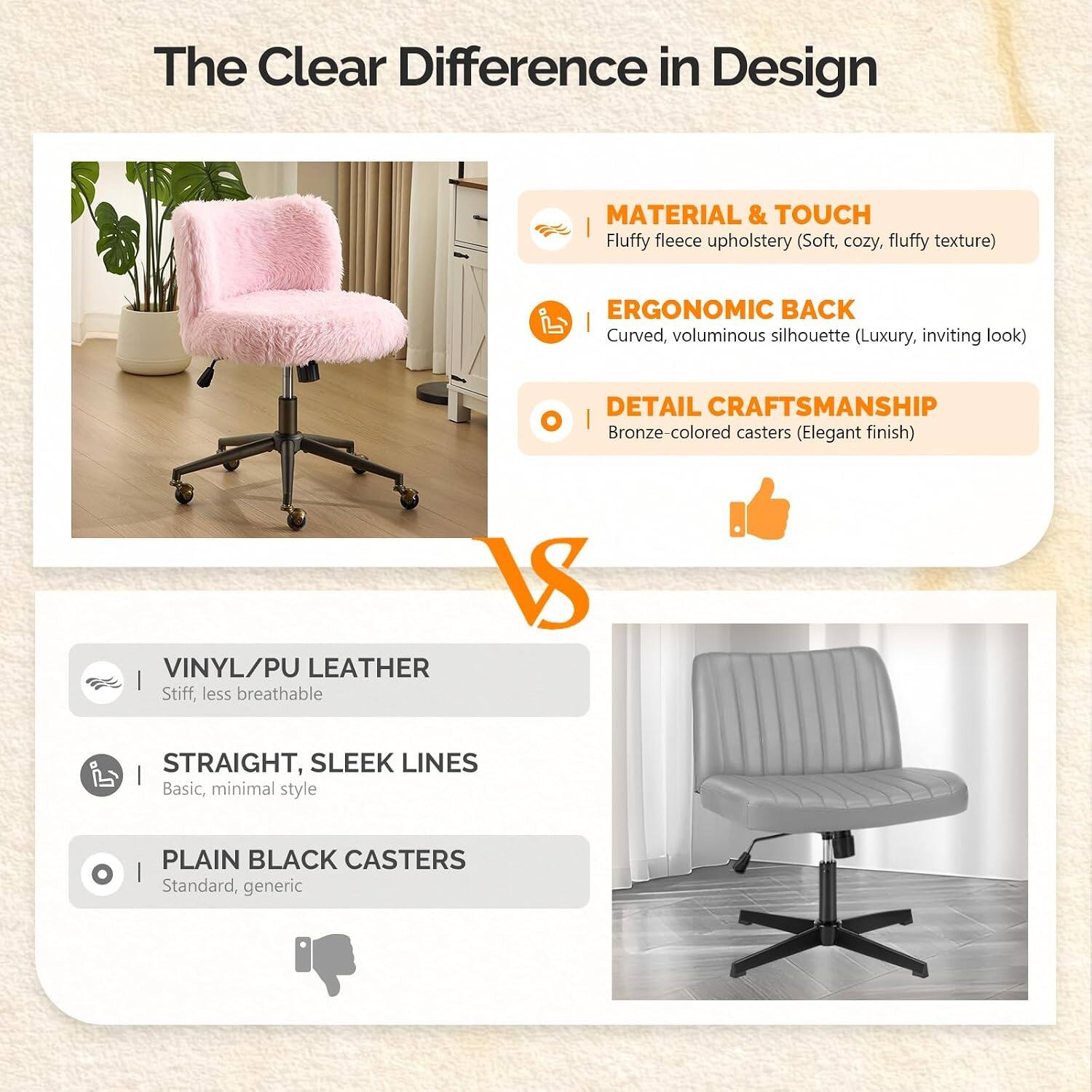 The Clear Difference in Design

MATERIAL & TOUCH
Fluffy fleece upholstery (Soft, cozy, fluffy texture)

ERGONOMIC BACK
Curved, voluminous silhouette (Luxury, inviting look)

DETAIL CRAFTSMANSHIP
Bronze-colored casters (Elegant finish)

VS

VINYL/PU LEATHER
Stiff, less breathable

STRAIGHT, SLEEK LINES
Basic, minimal style

PLAIN BLACK CASTERS
Standard, generic