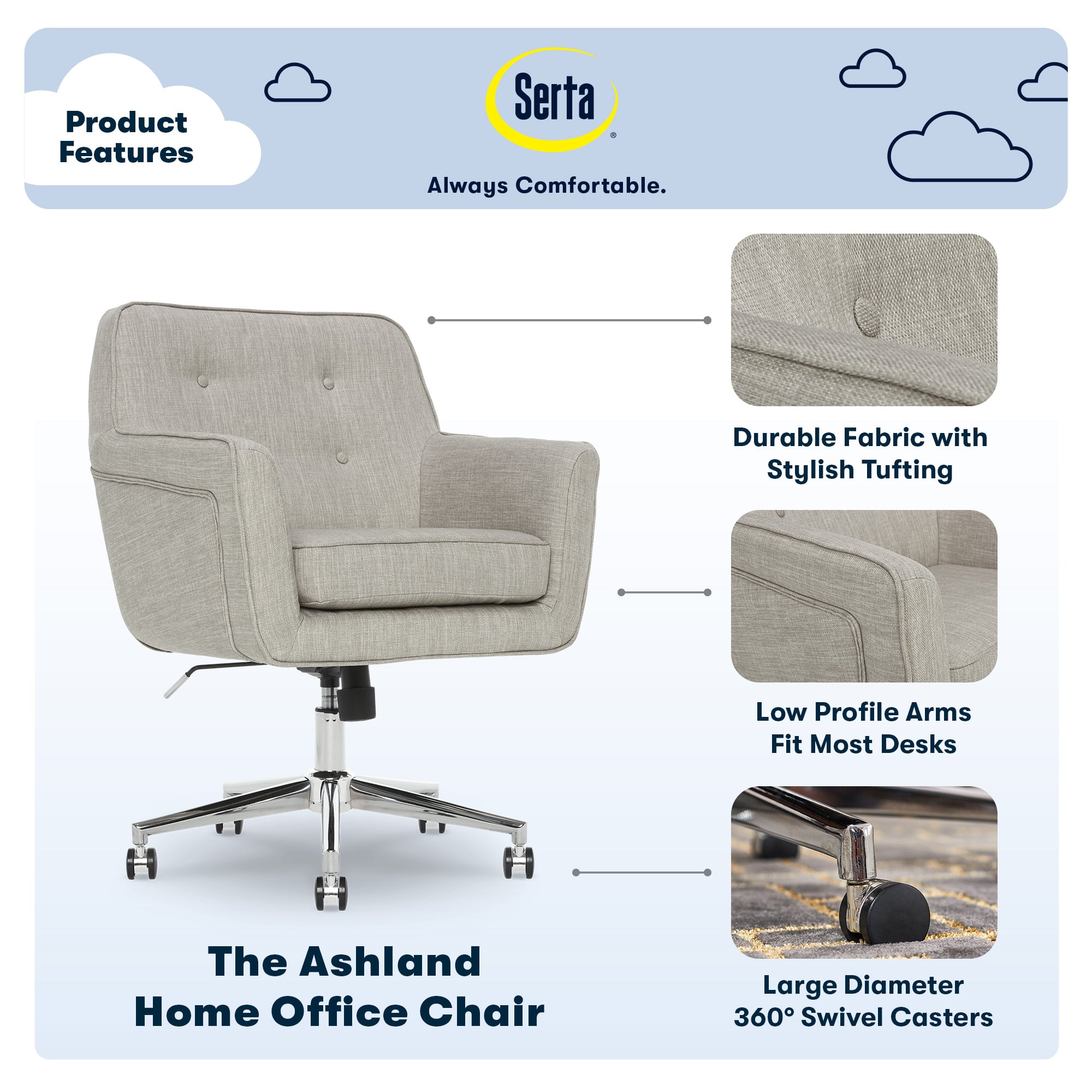 The Ashland Home Office Chair is designed to provide comfort and functionality for your home office. It features a durable fabric with stylish tufting, low profile arms that fit most desks, and a large diameter of 360 swivel casters for easy maneuvering. The chair is also advertised as being "Always Comfortable" and made by Serta, a well-known brand for quality furniture.