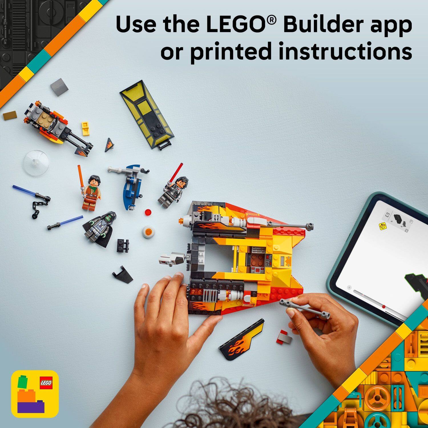 Use the LEGO Builder app or printed instructions. LEGO.