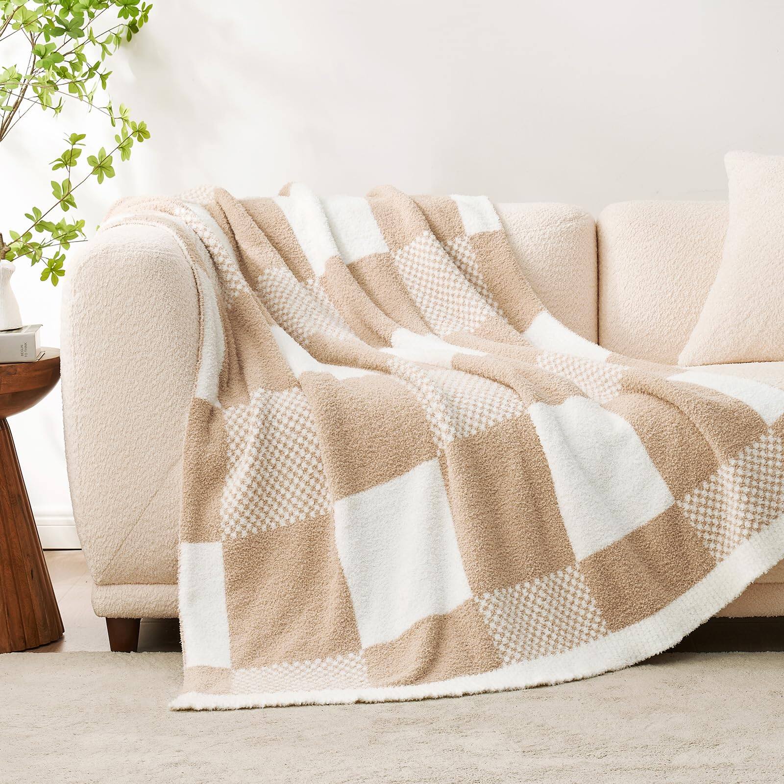 Alt View 5. Dapper Styles - Checkered Blanket Beige Throw For Couch Plaid Microfiber Fluffy Warm Cozy Fuzzy Soft Reversible Checkerered - Orange Flower-Throw(50"x60").