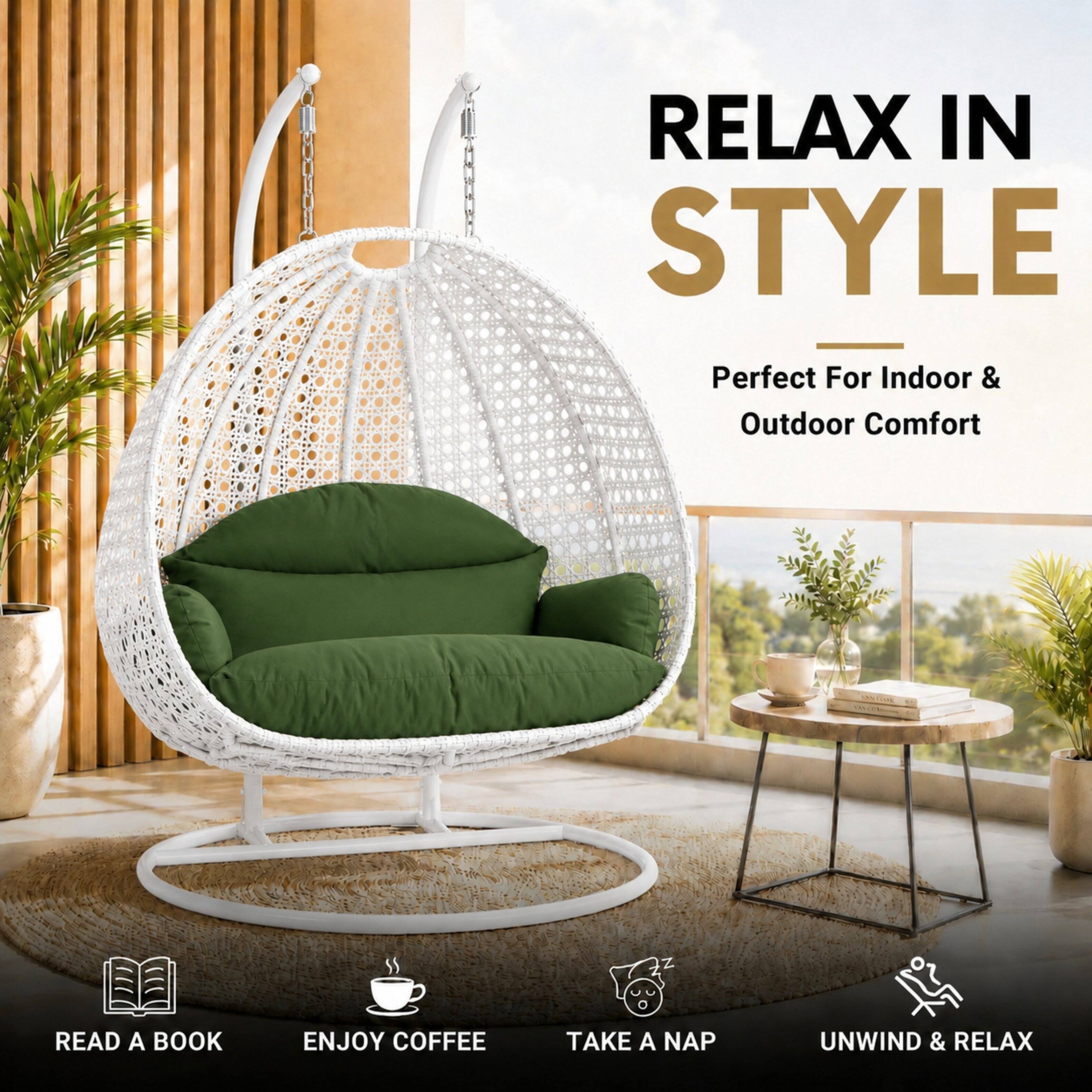 LeisureMod Modern 2 Person Outdoor White Wicker Egg Swing Chair with ...