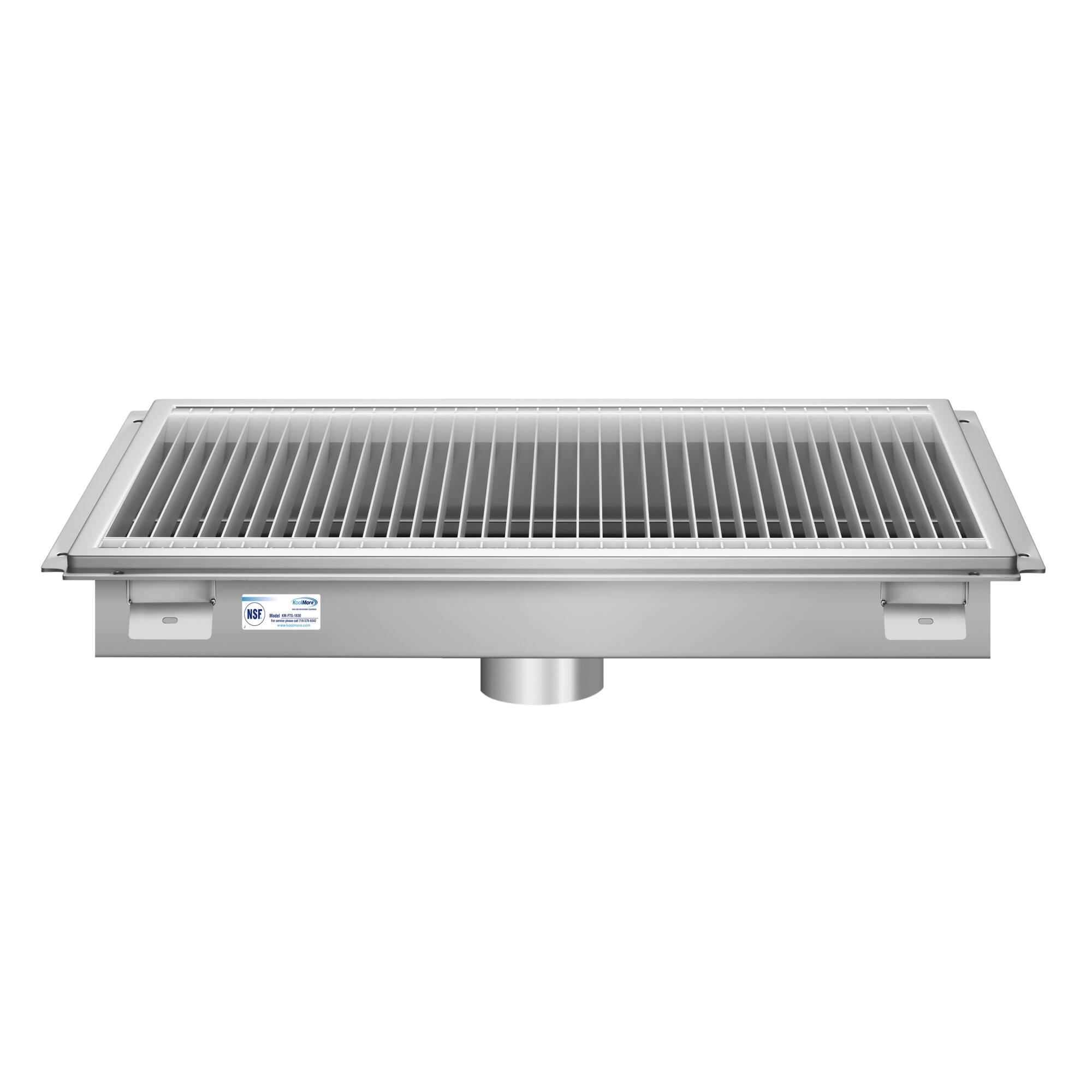 Back. Koolmore - 18" x 30" Stainless Steel Floor Trough Drain, 14-Gauge with Subway-Style Grating & Removable Drain Basket, NSF Listed - Stainless-Steel.