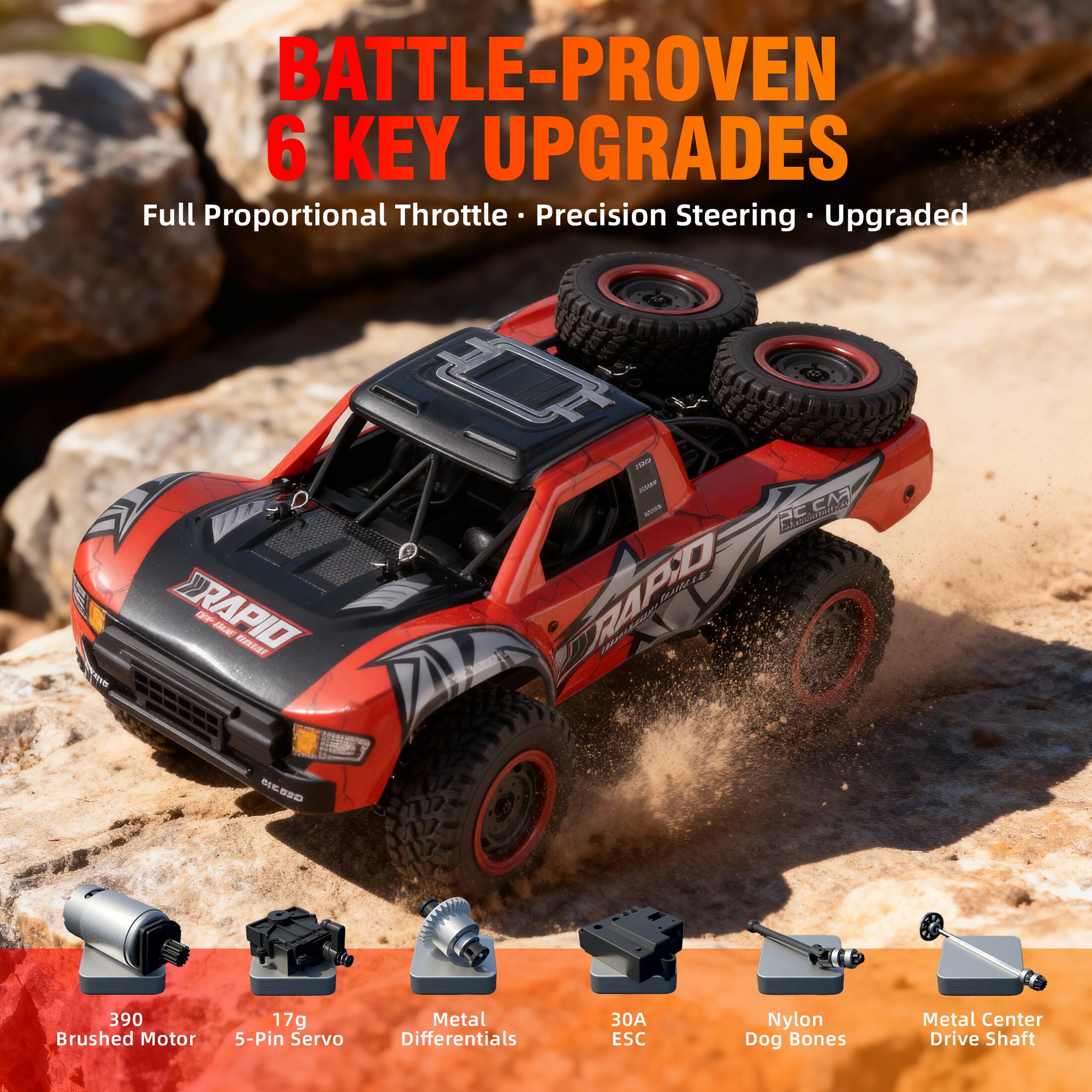 BATTLE-PROVEN  
6 KEY UPGRADES  
Full Proportional Throttle • Precision Steering • Upgraded  

390 Brushed Motor  
17g 5-Pin Servo  
Metal Differentials  
30A ESC  
Nylon Dog Bones  
Metal Center Drive Shaft