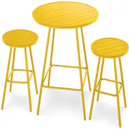 Best Choice Products - 3-Piece Steel Patio Bar Height Round Bistro Set w/ Backless Stools, Slatted Design - Yellow