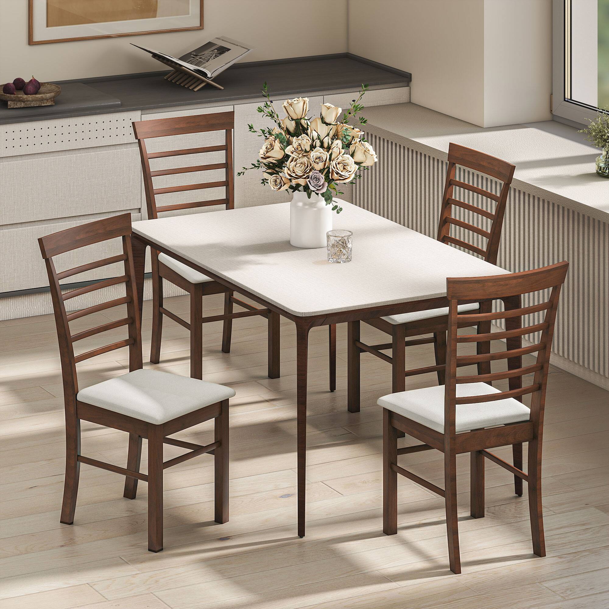 Alt View 8. Homcom - Wooden Dining Chairs Set of 2, Farmhouse Upholstered, Rubber Wood Frame, Dark Brown & Beige - Dark Brown and Beige.