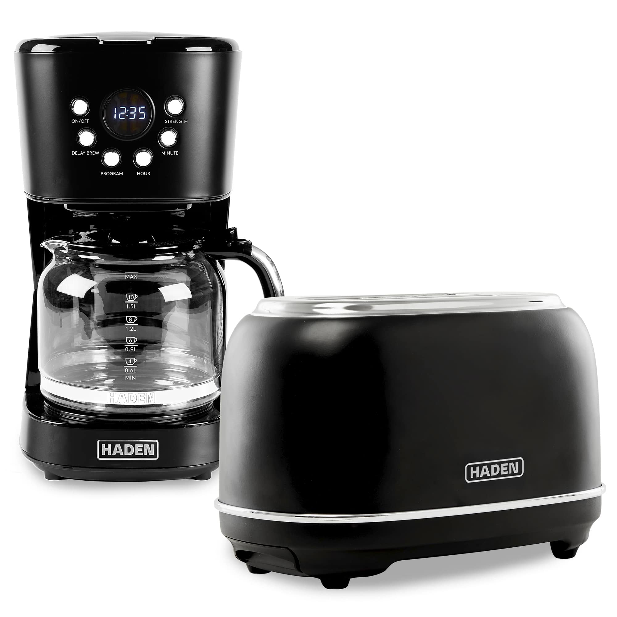Haden - 12 Cup Coffee Maker & Heritage 2 Slice Wide Slot Toaster, Black & Chrome - Black/Chrome