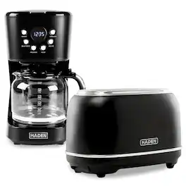 Haden - 12 Cup Coffee Maker & Heritage 2 Slice Wide Slot Toaster, Black & Chrome - Black/Chrome
