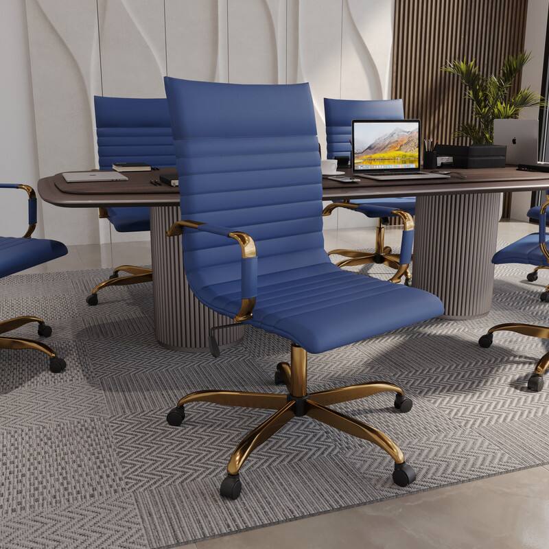 Left. LeisureMod - Harris Ergonomic High-Back Office Chair Leather Upholstery, Adjustable Swivel, Tilt, and Gold Stainless Steel Frame - Navy Blue.