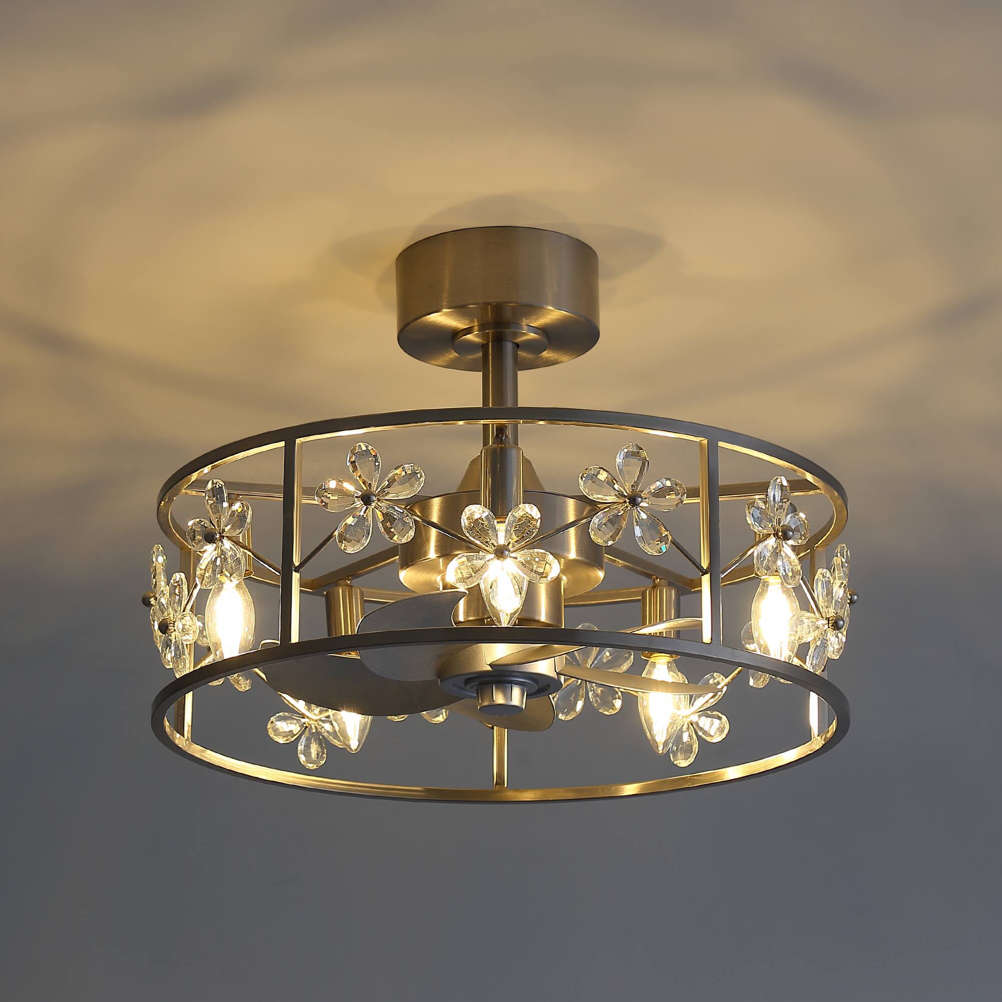 Back. Breezary - 20-Inch Crystal Cage Ceiling Fan with 5-Light Fixture, ABS Blades, Tilt-Mount Downrod, DC Motor and Remote Control - Satin Nickel and Silver.