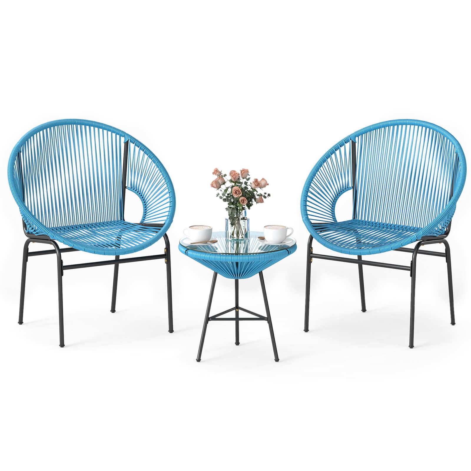 Alt View 1. Costway - Costway 3PCS Patio Acapulco Furniture Bistro Set Plastic Rope Glass Table - Turquoise.