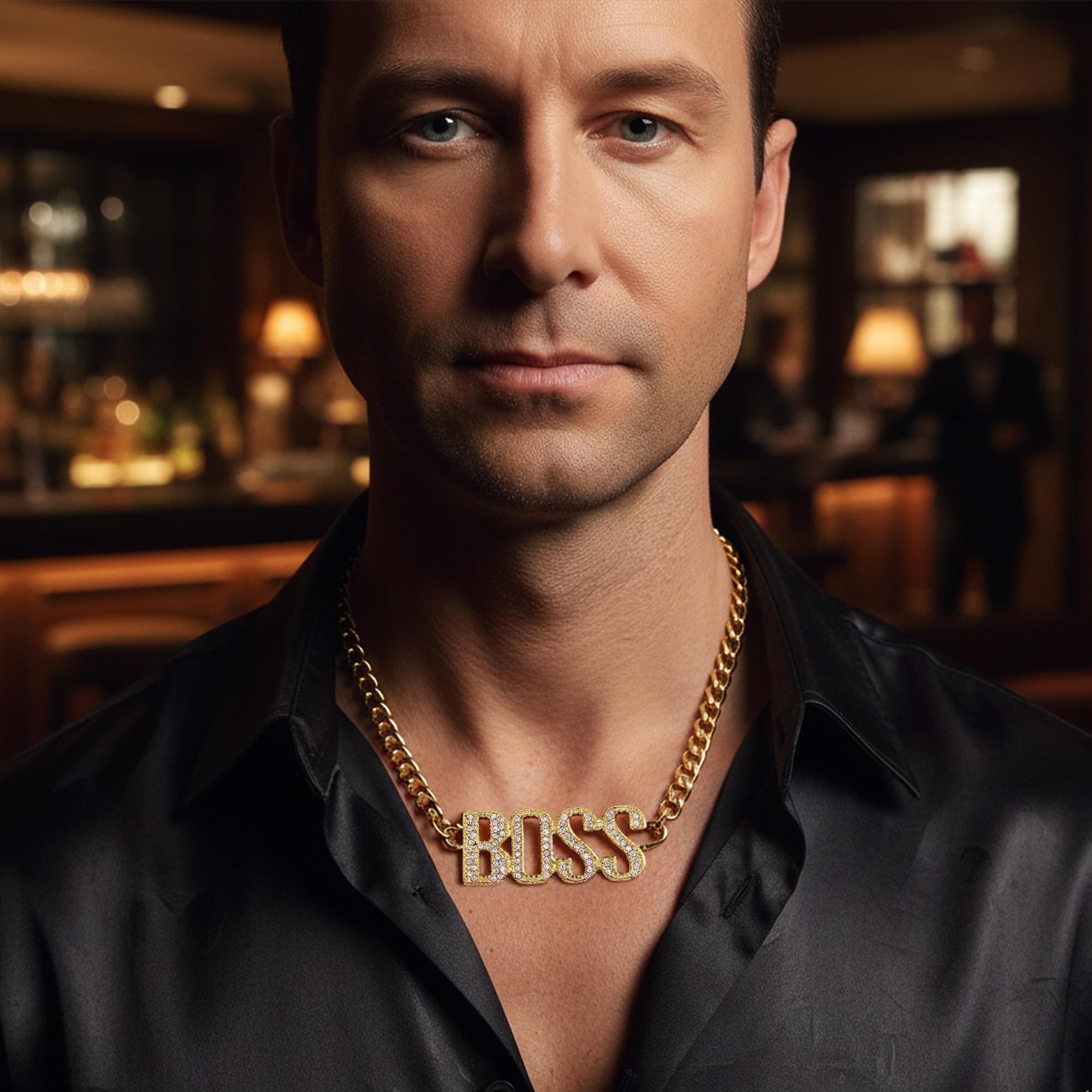 Alt View 2. Underwraps - Gold Rhinestone Studded Boss Adult Costume Necklace - Gold.