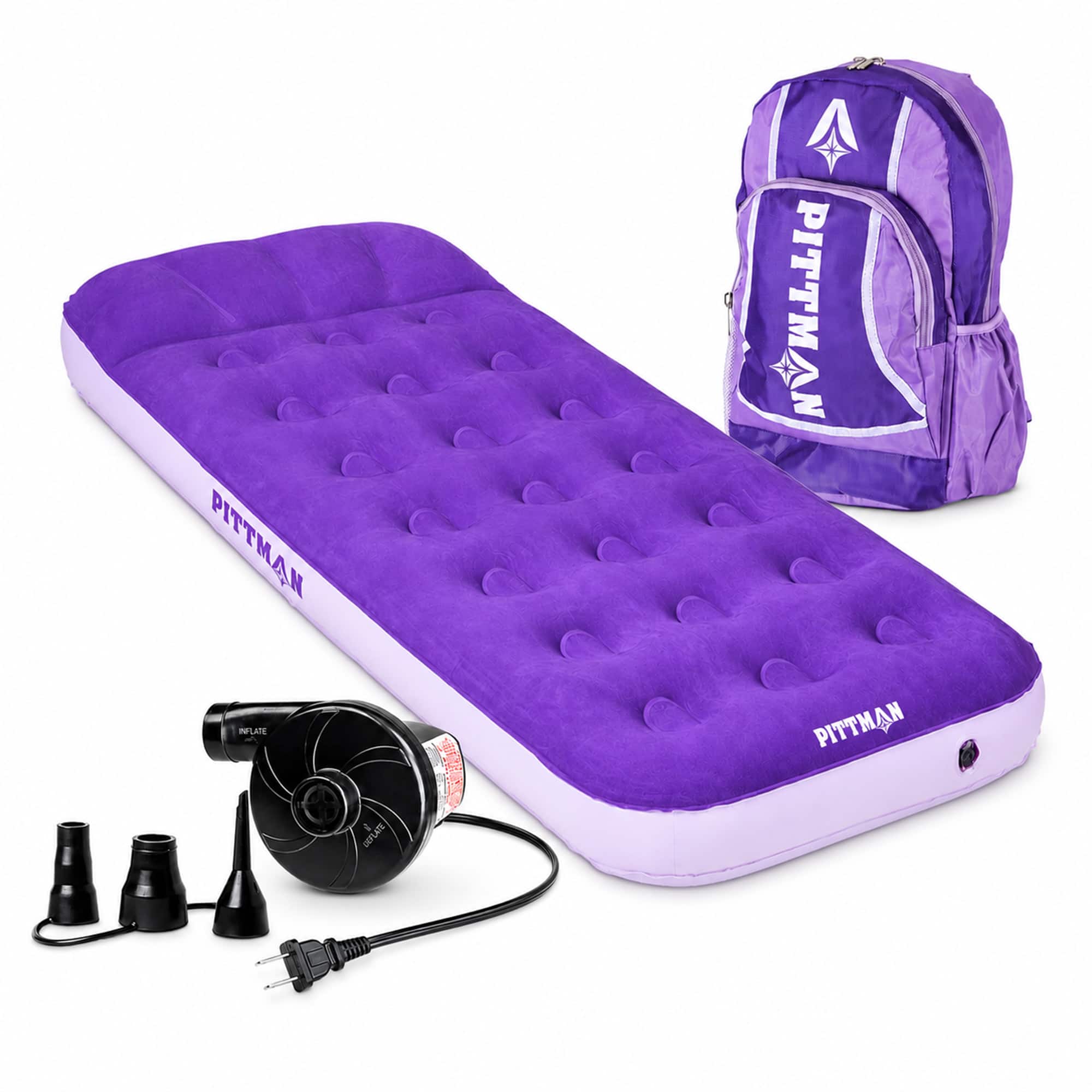 Pittman Outdoors - Kids Air Mattress, 74" x 30" Air Bed w/ Pump & Backpack - Purple
