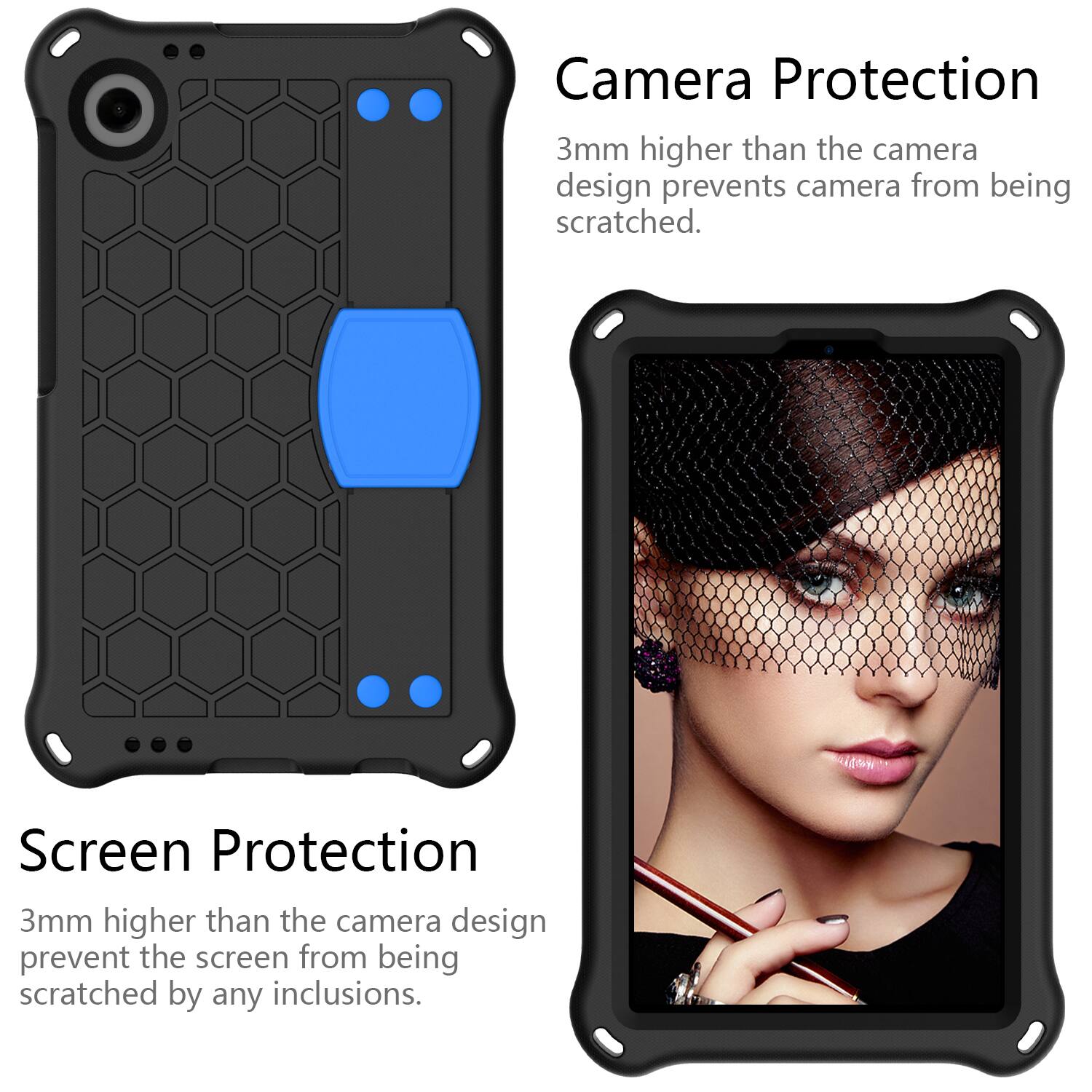 Camera Protection  
3mm higher than the camera design prevents camera from being scratched.  

Screen Protection  
3mm higher than the camera design prevent the screen from being scratched by any inclusions.