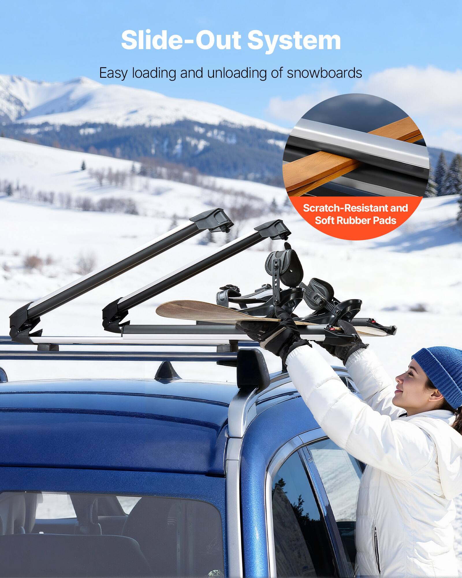 Slide-Out System  
Easy loading and unloading of snowboards  

Scratch-Resistant and Soft Rubber Pads