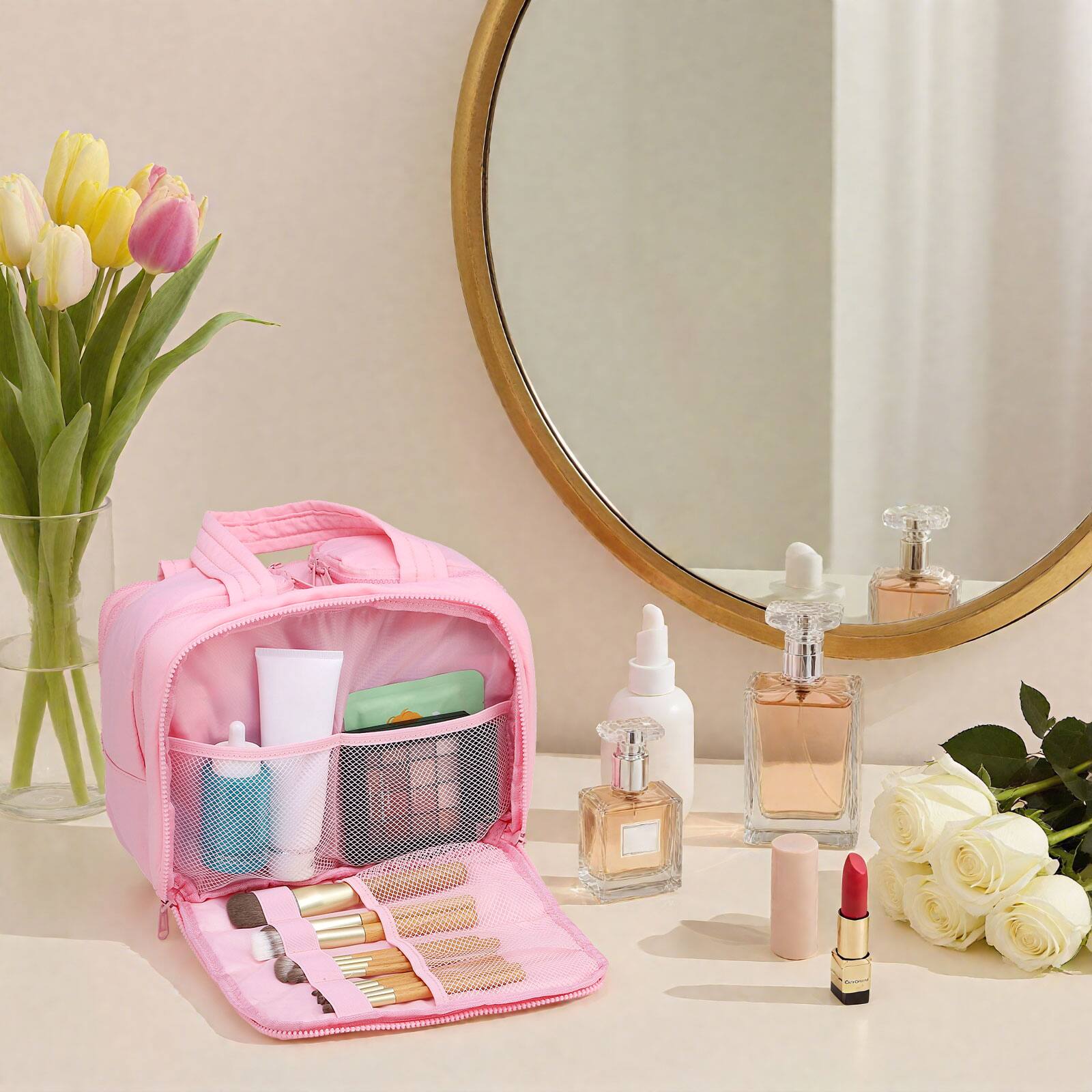 Alt View 3. Unique Bargains - Puffy Makeup Bag, Large Travel Toiletry Bag, Cosmetic Organizer for Women with Handle, Lightweight - Pink.