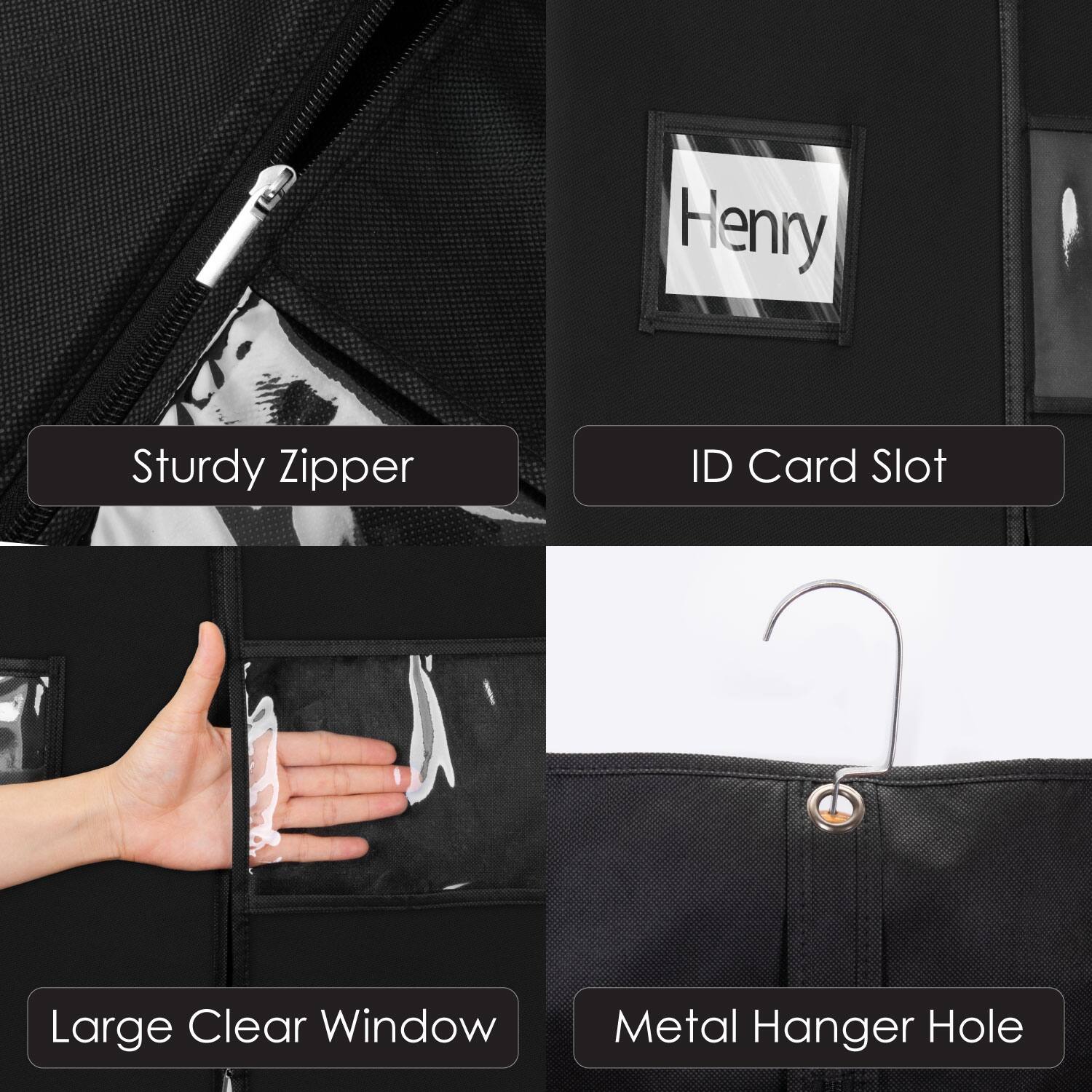 - Sturdy Zipper
- ID Card Slot
- Large Clear Window
- Metal Hanger Hole