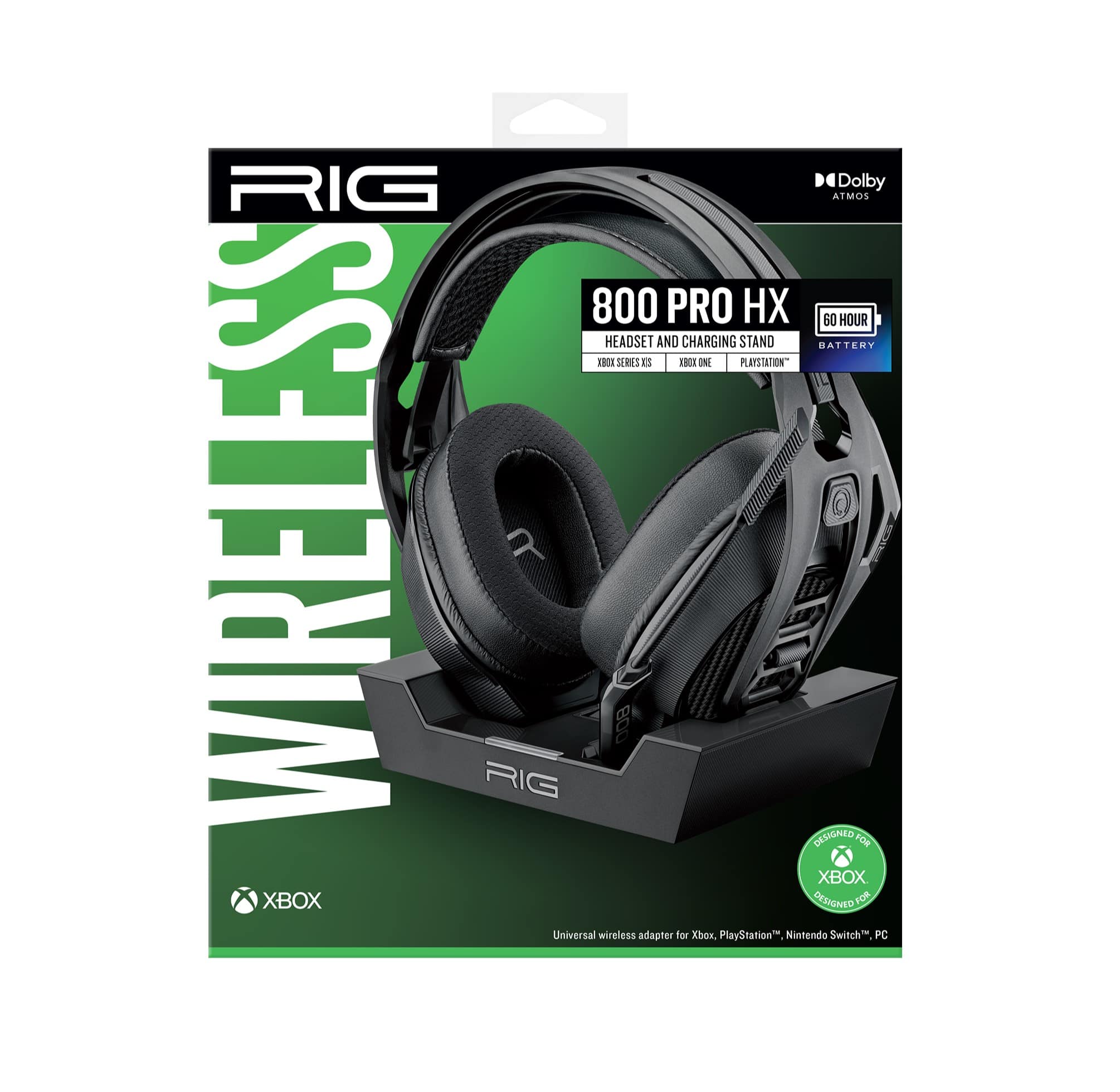 The text on the image reads: "Rig Wireless 800 Pro HX Headset and Charging Stand Battery XHEN SERES XBEX ON PLAYSTATION or WIRELESS RIG 800 PRO DESIGNED FOR XBOX ONE AND PC".