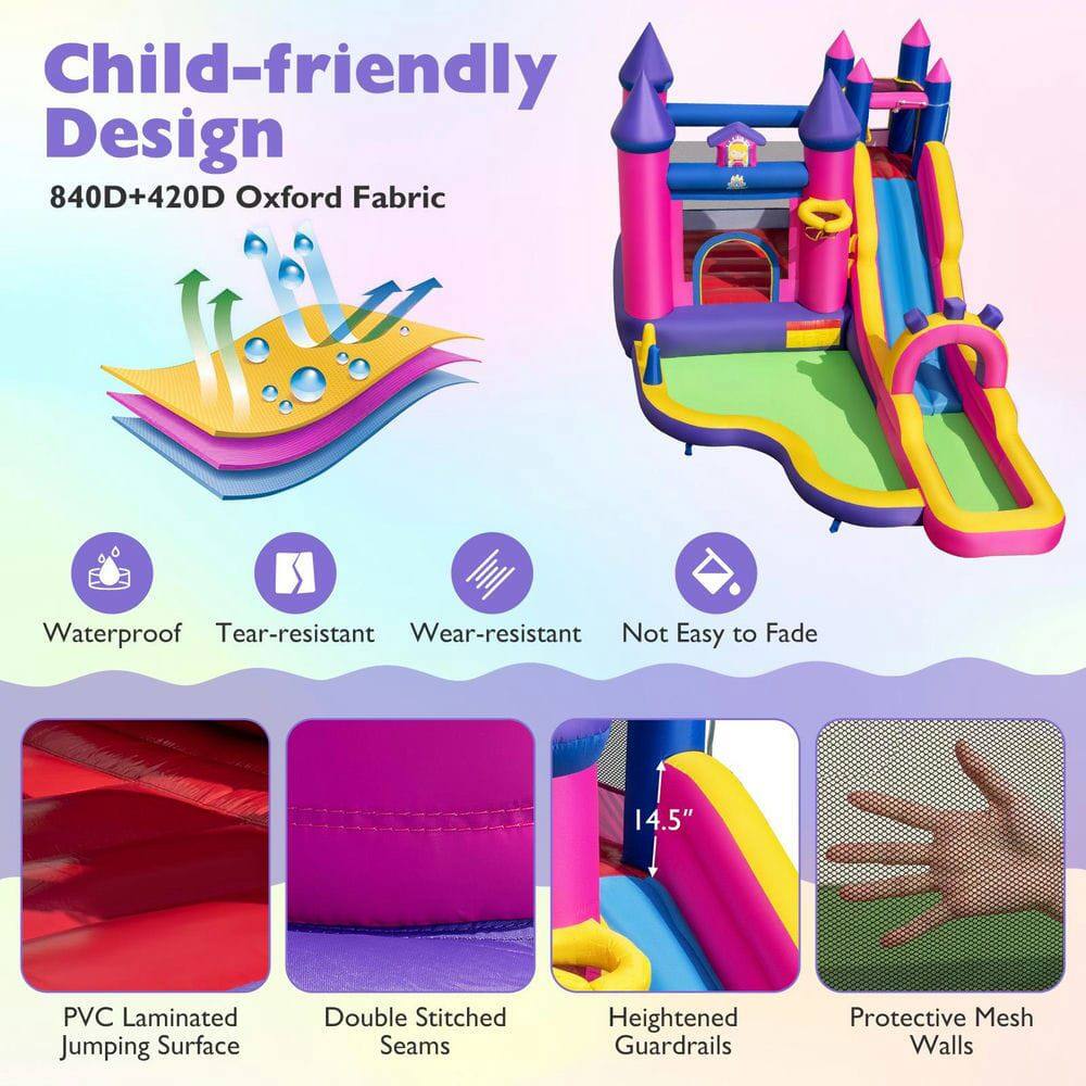 Child-friendly Design  
840D+420D Oxford Fabric  
Waterproof  
Tear-resistant  
Wear-resistant  
Not Easy to Fade  

PVC Laminated Jumping Surface  
Double Stitched Seams  
Heightened Guardrails  
Protective Mesh Walls
