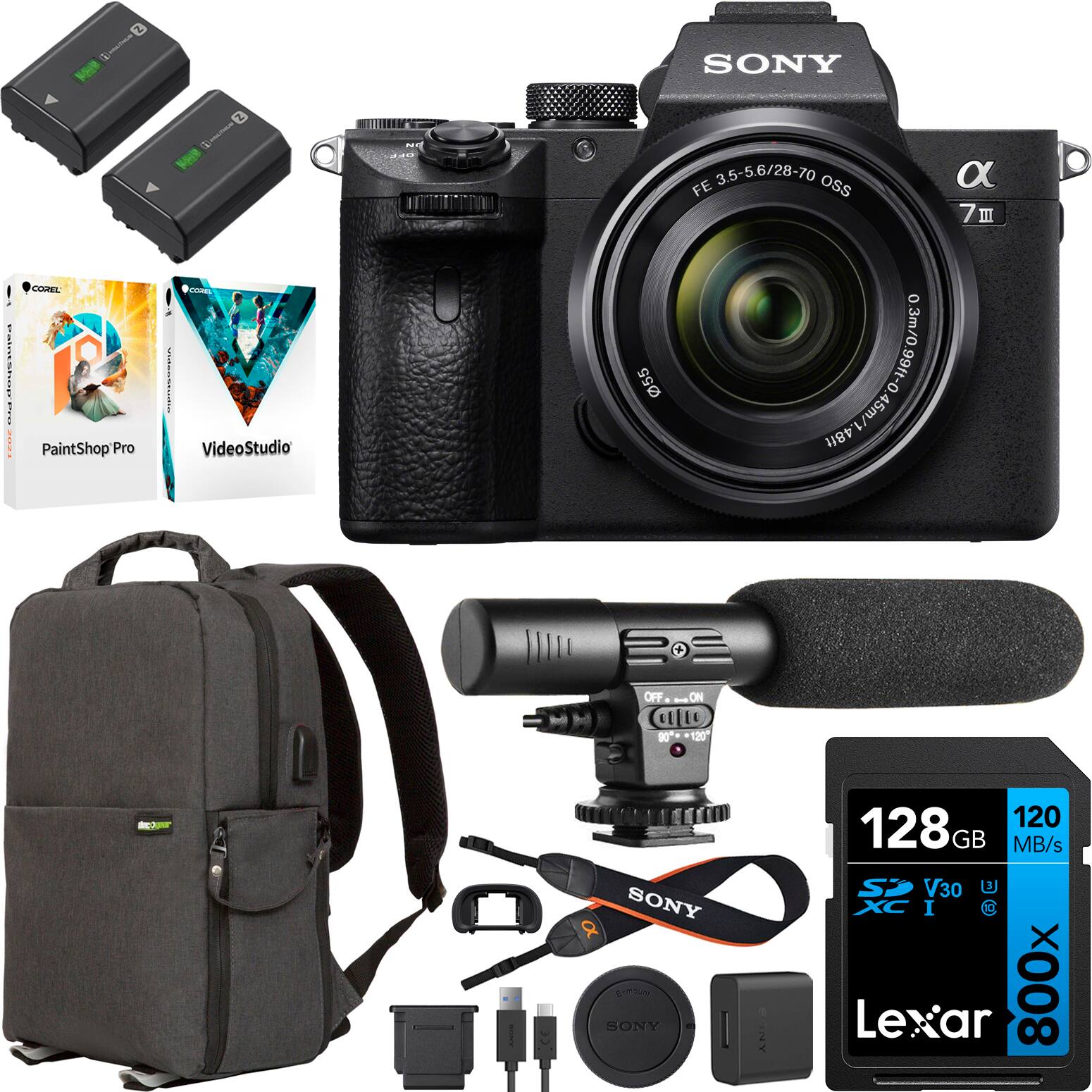 Sure, here is the corrected and grouped text from the image:

---

**Camera:**
- SONY
- α7 III
- FE 3.5-5.6/28-70 OSS

**Accessories:**
- SONY NP-FZ100 Battery
- SONY NP-FZ100 Battery
- SONY Camera Strap
- SONY Lens Cap
- SONY USB Cable
- SONY AC Adapter
- SONY Camera Bag
- SONY Microphone with Stand
- SONY Memory Card (Lexar 128GB, 120MB/s, V30, 800x)

**Software:**
- Corel PaintShop Pro
- Corel VideoStudio

**Other:**
- SONY 128GB Memory Card (Lexar, 120MB/s, V30, 800x)

---