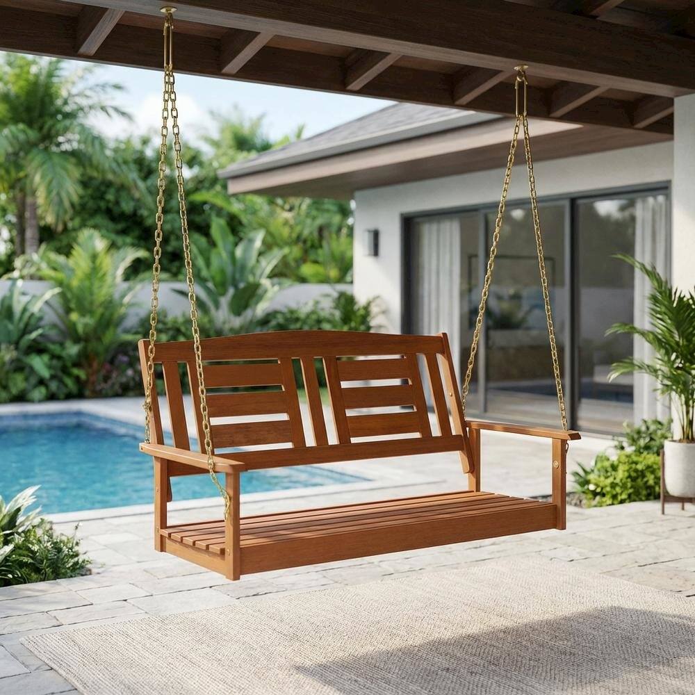 Left. Outdoor Escape - Teak Oil Finished Wood Swing Chair with Chain for Outdoor Relaxation - Light Wood.