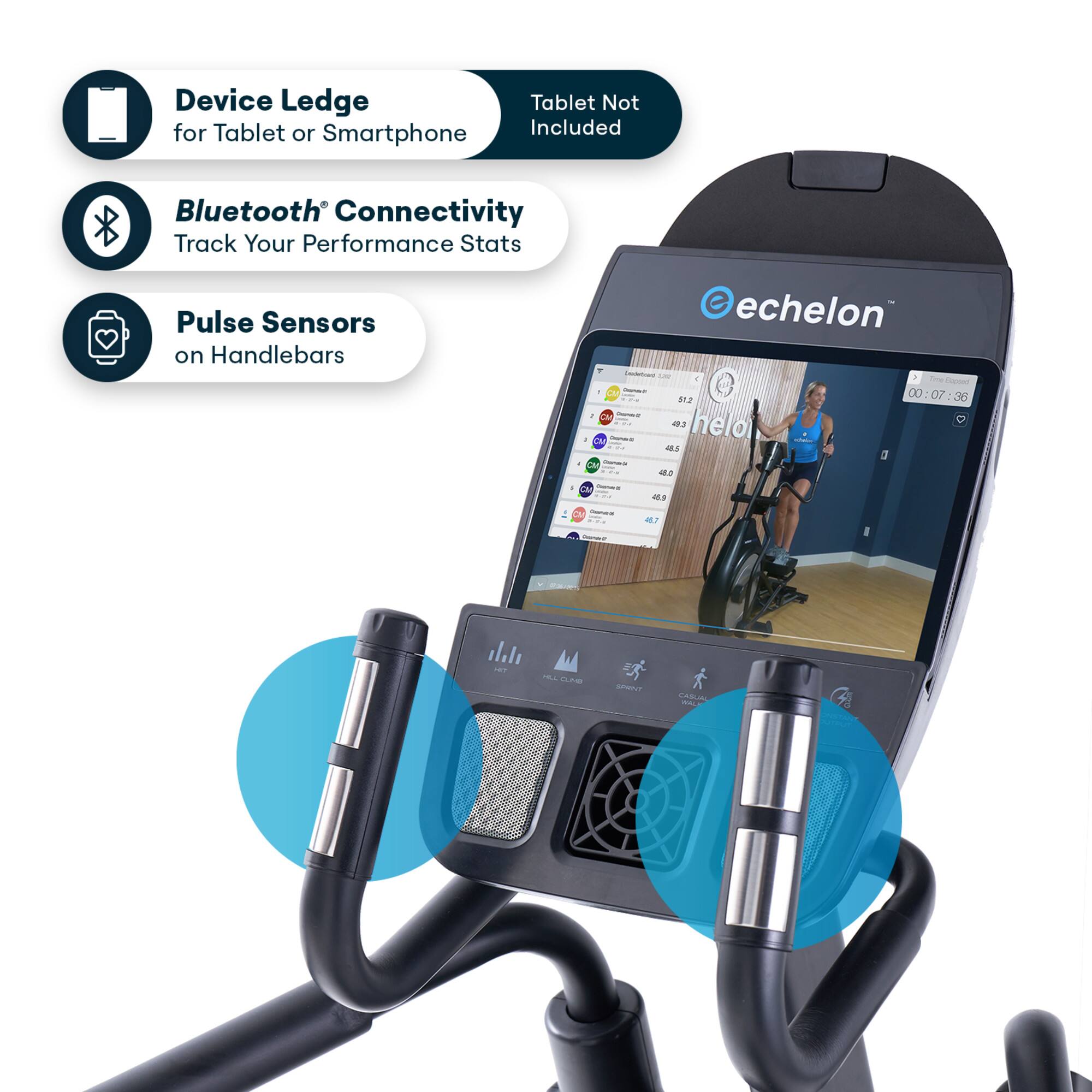 Device Ledge for Tablet or Smartphone  
Tablet Not Included  
Bluetooth® Connectivity  
Track Your Performance Stats  
Pulse Sensors on Handlebars